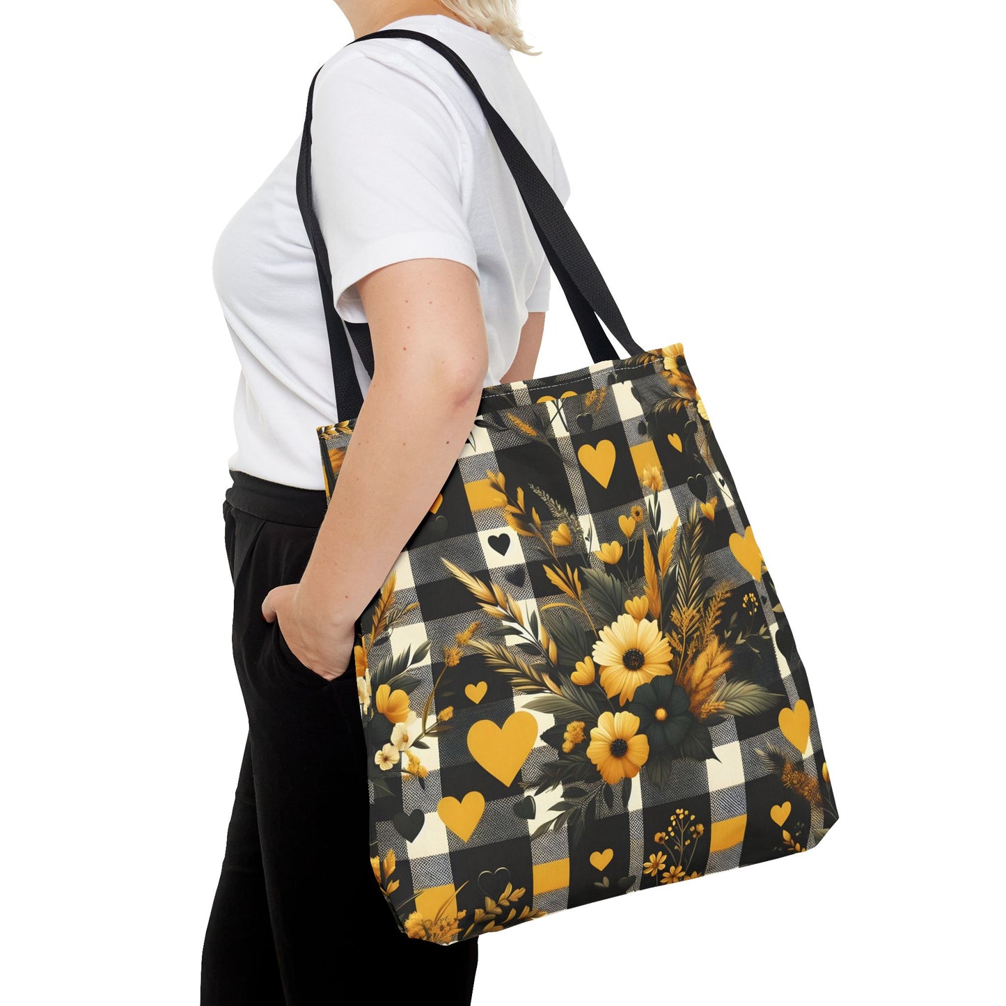 Stylish Yellow and Black Plaid Pattern with Floral and Hearts Tote Bag(AOP)
