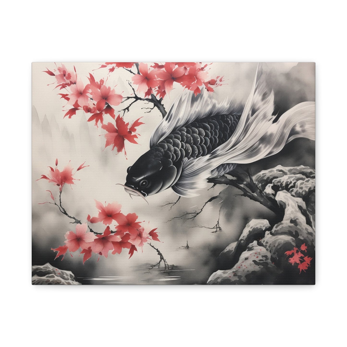 Koi Fish Artwork Canvas Wall Art Print - Elegant Decorative Wall Art with Cherry Blossoms