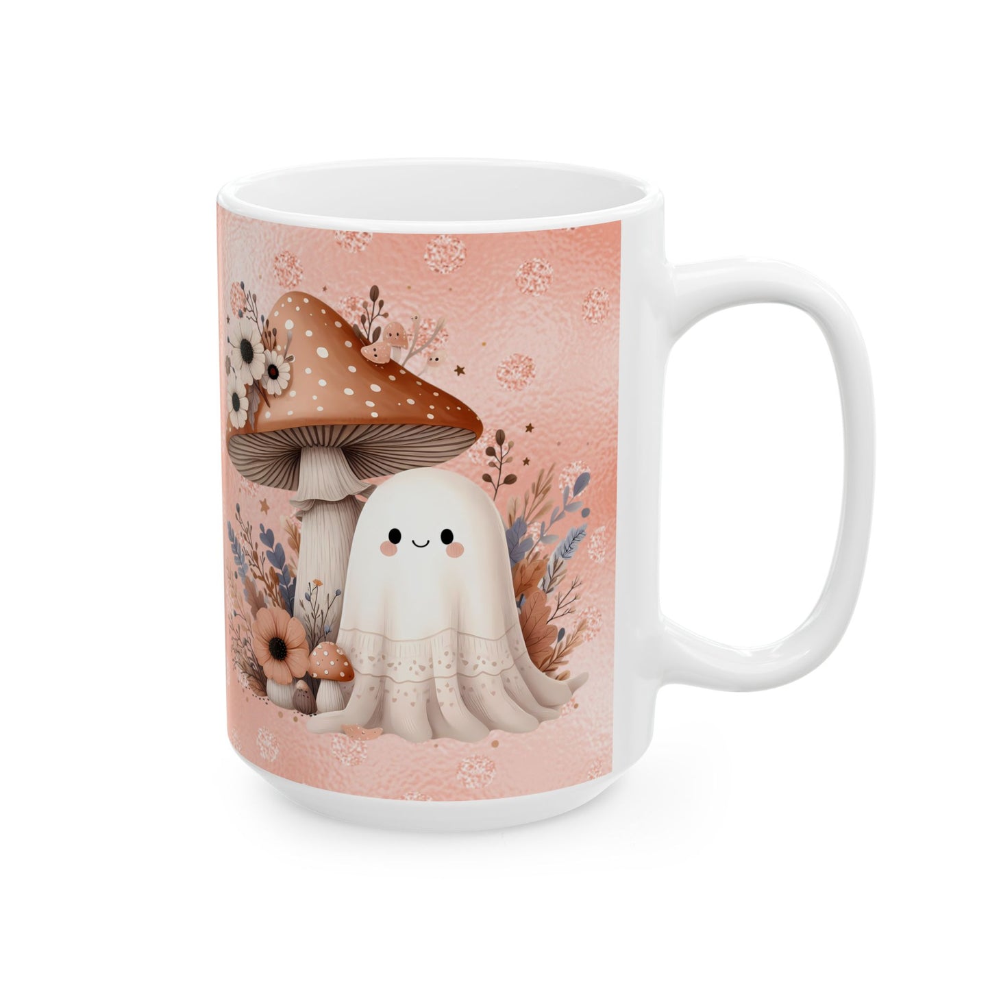 Whimsical Floral Mushroom Cute Ghost Mug, Cute Cafe Mug, Halloween Gift, Cozy Beverage Container, Fall Decor, Coffee Lover Gift