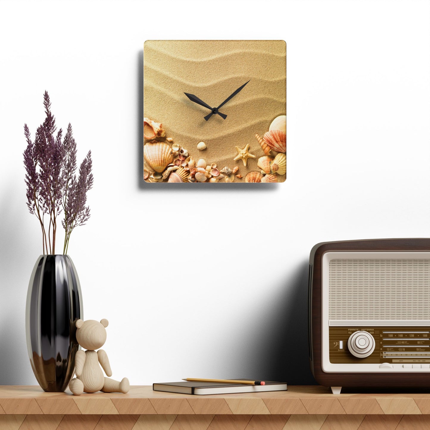 Sand With Sea Shells Acrylic Wall Clock, Beach Lovers, Great Gift Idea for Housewarming, or Any Occasion, Beautiful Wall Decor for Home or Office
