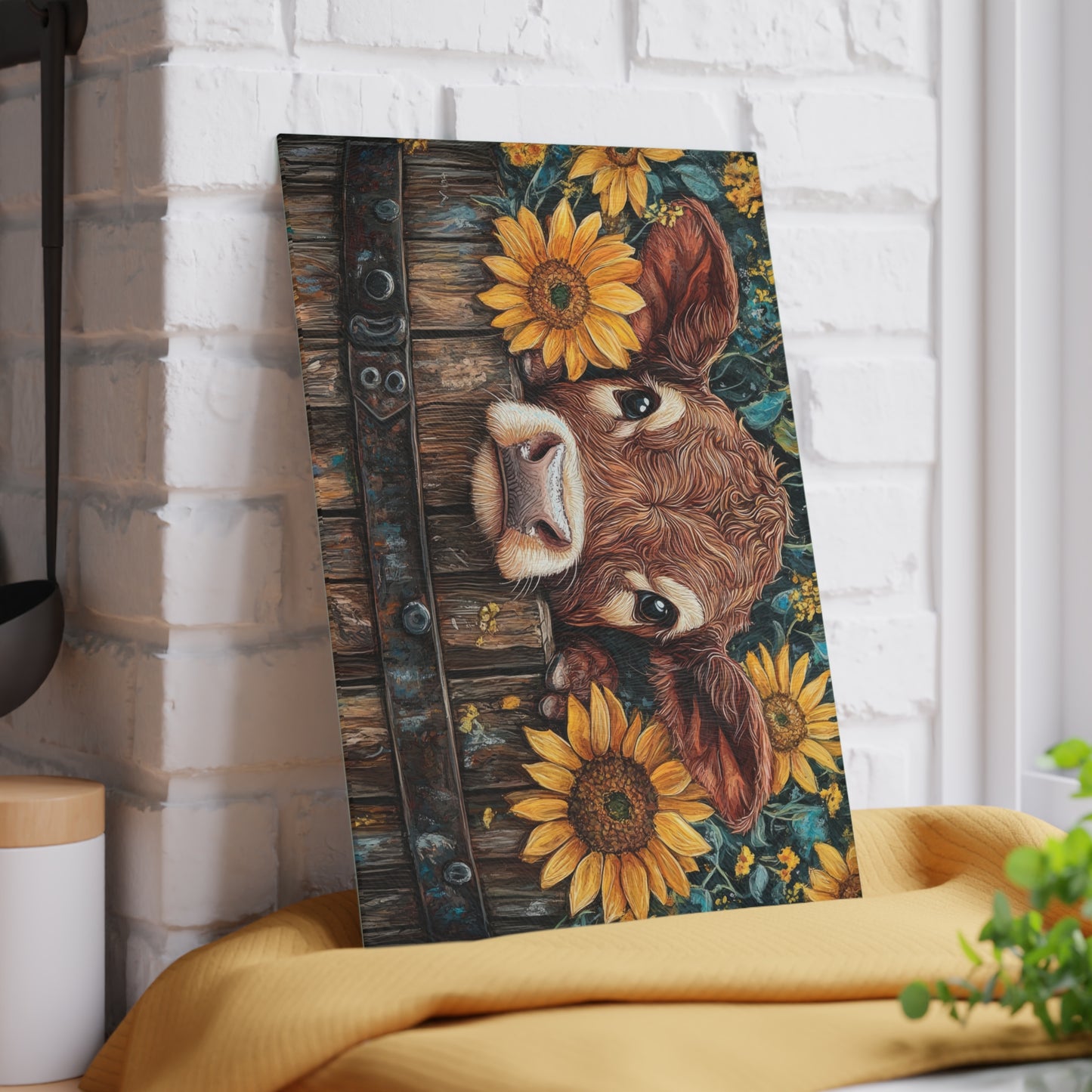 Cow and Sunflower Glass Cutting Board - Rustic Kitchen Decor