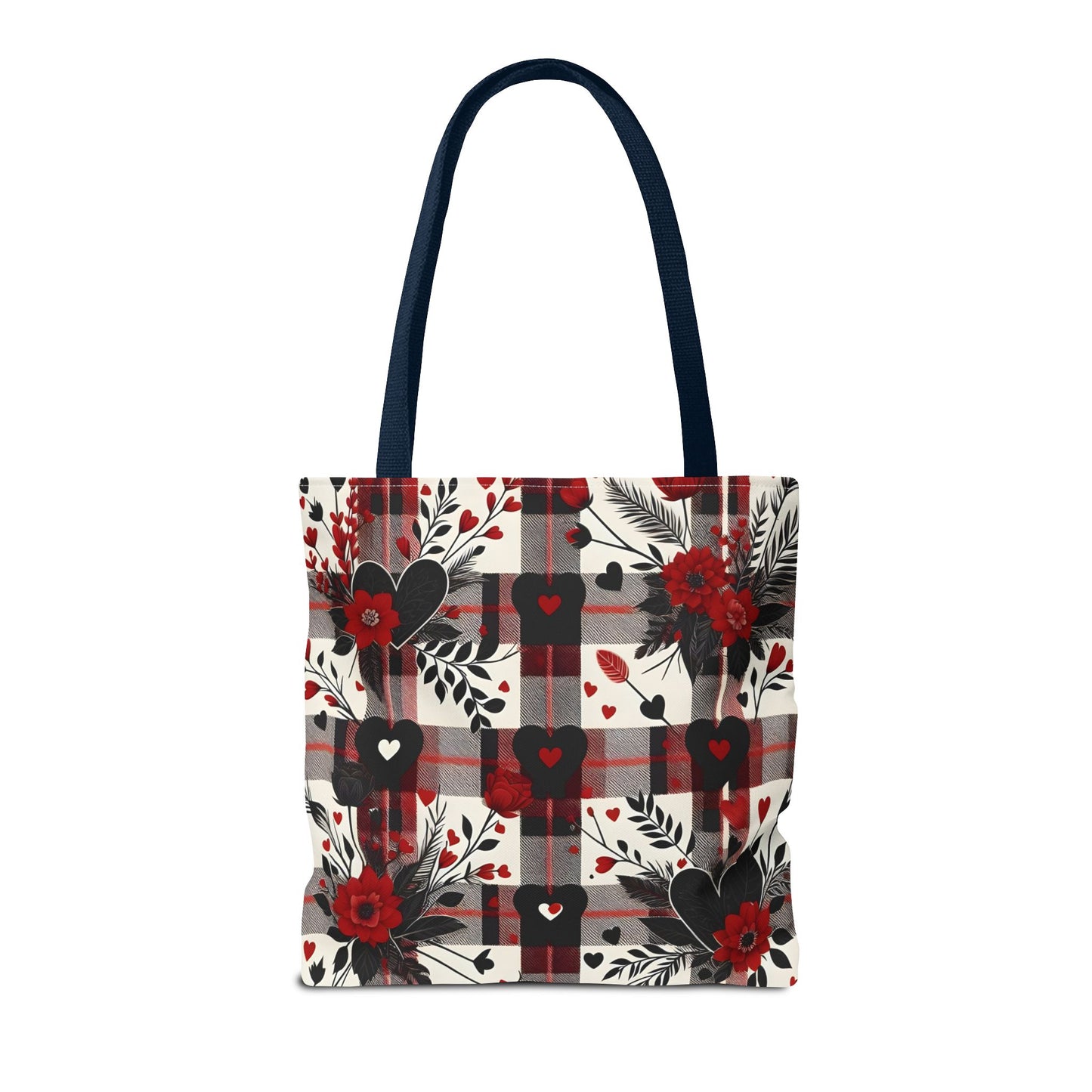 Fashionable Valentine Tote Bag (AOP) with Flowers and Hearts Plaid Design Pattern