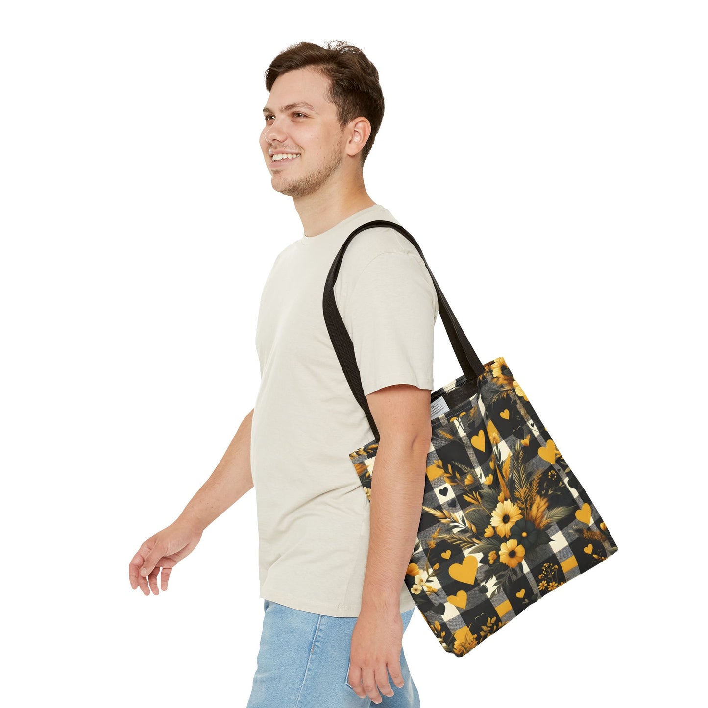 Stylish Yellow and Black Plaid Pattern with Floral and Hearts Tote Bag(AOP)