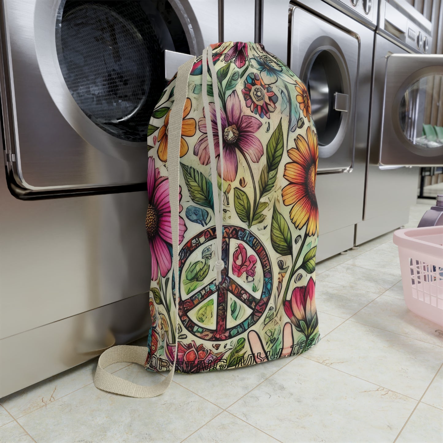 Floral Peace Laundry Bag — Boho Hippie Drawstring Hamper - "Sorting My Life Out" saying