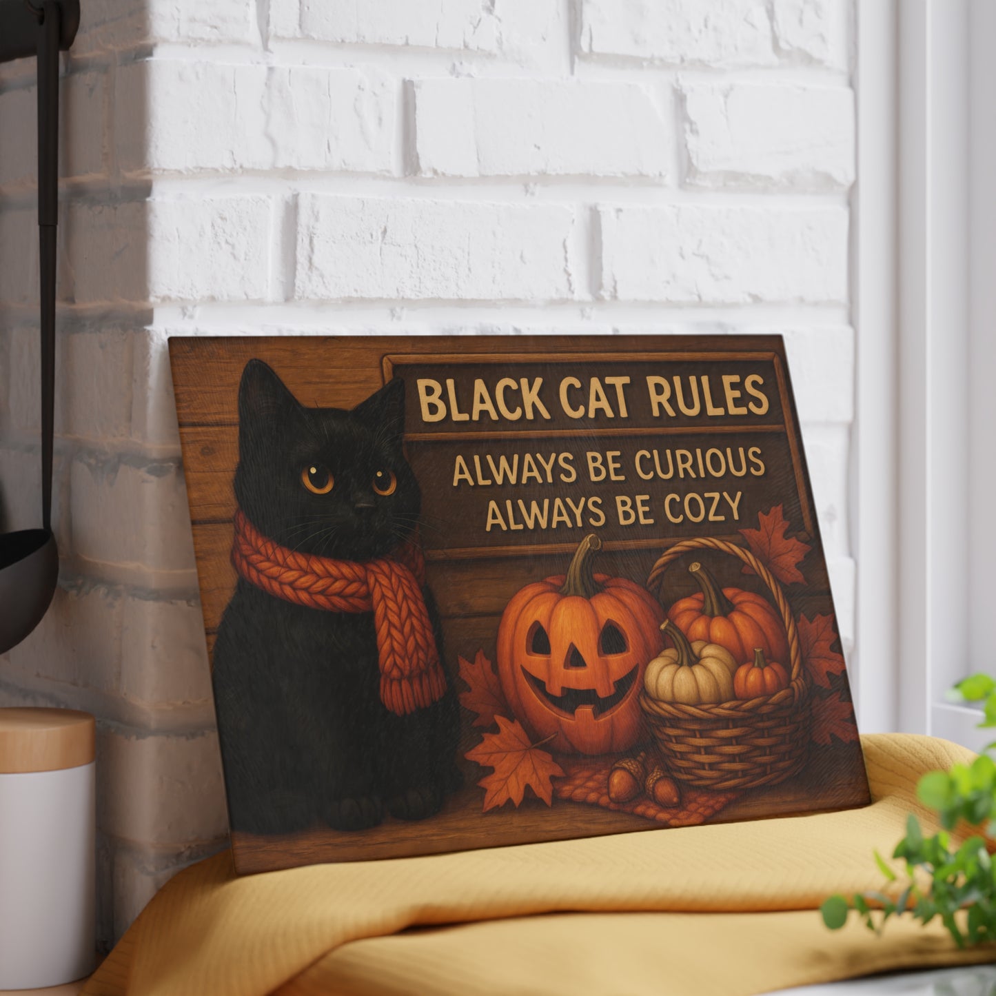 Black Cat Rules Glass Cutting Board - Always Be Curious, Always Be Cozy