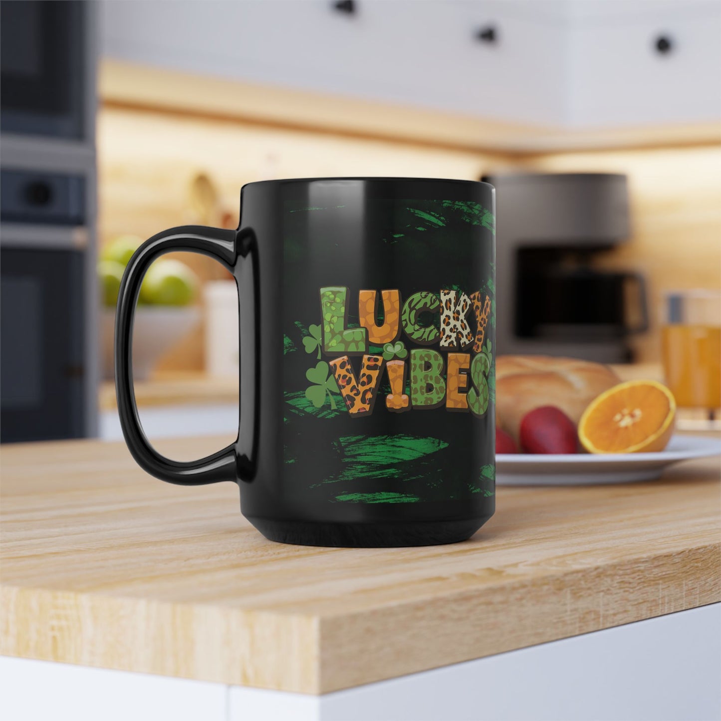 Lucky Vibes Black Mug — St. Patrick’s Day Leopard Print Shamrock Coffee Cup (11oz/15oz)