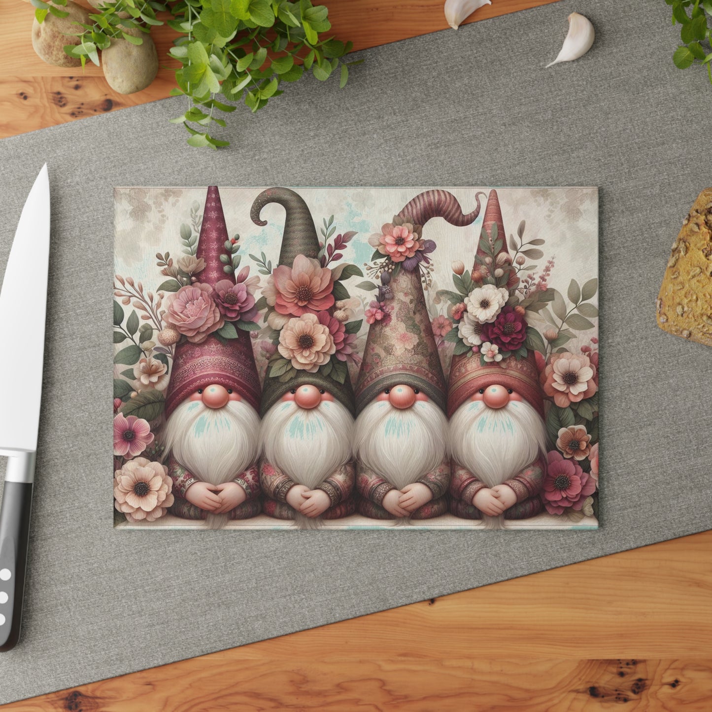 Floral Gnome Glass Cutting Board
