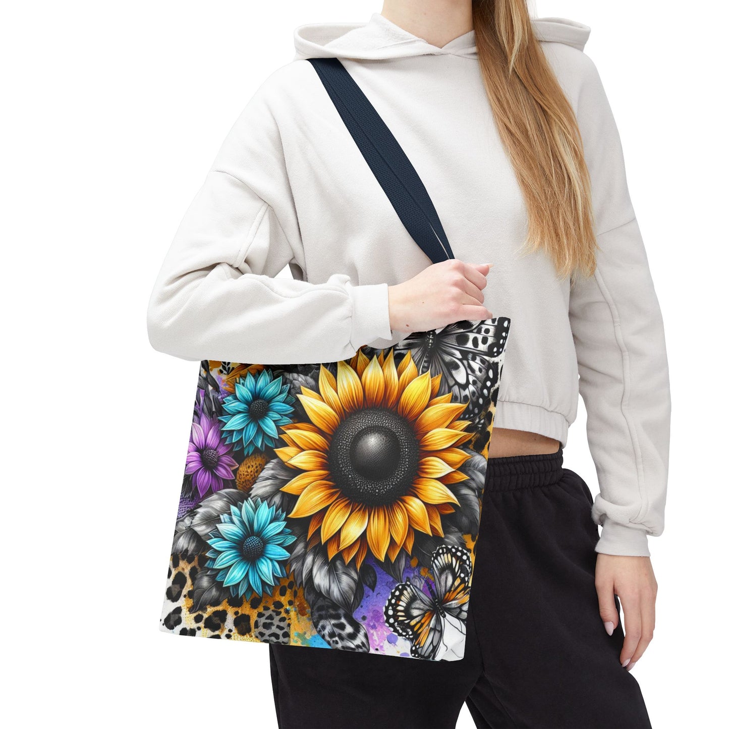 Sunflower & Butterfly Tote Bag — Colorful Floral All-Over Print
