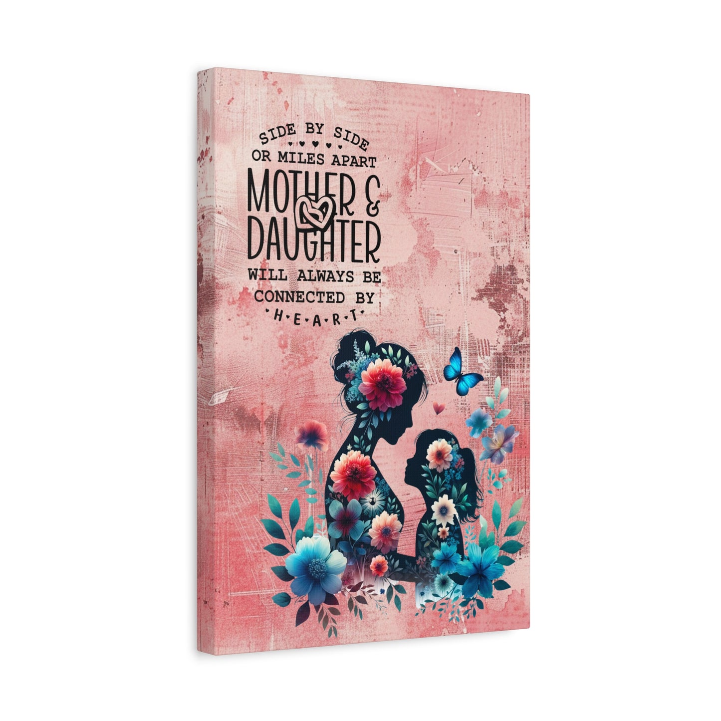 Mother-Daughter Love With Floral And Butterfly Canvas Wall Art Print