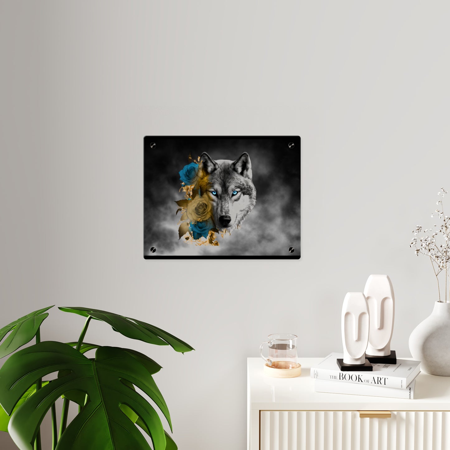 Lively Wolf Acrylic Wall Art Panel - Blue Roses Decor