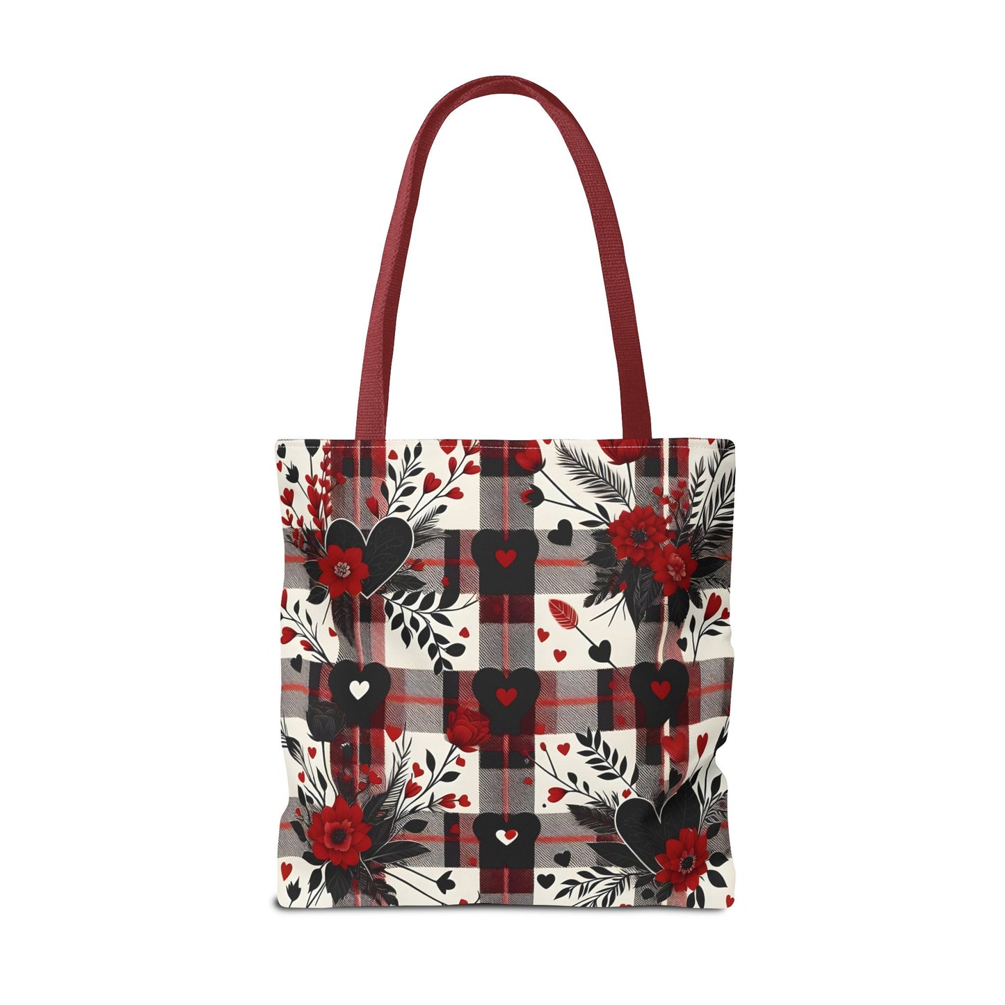 Fashionable Valentine Tote Bag (AOP) with Flowers and Hearts Plaid Design Pattern