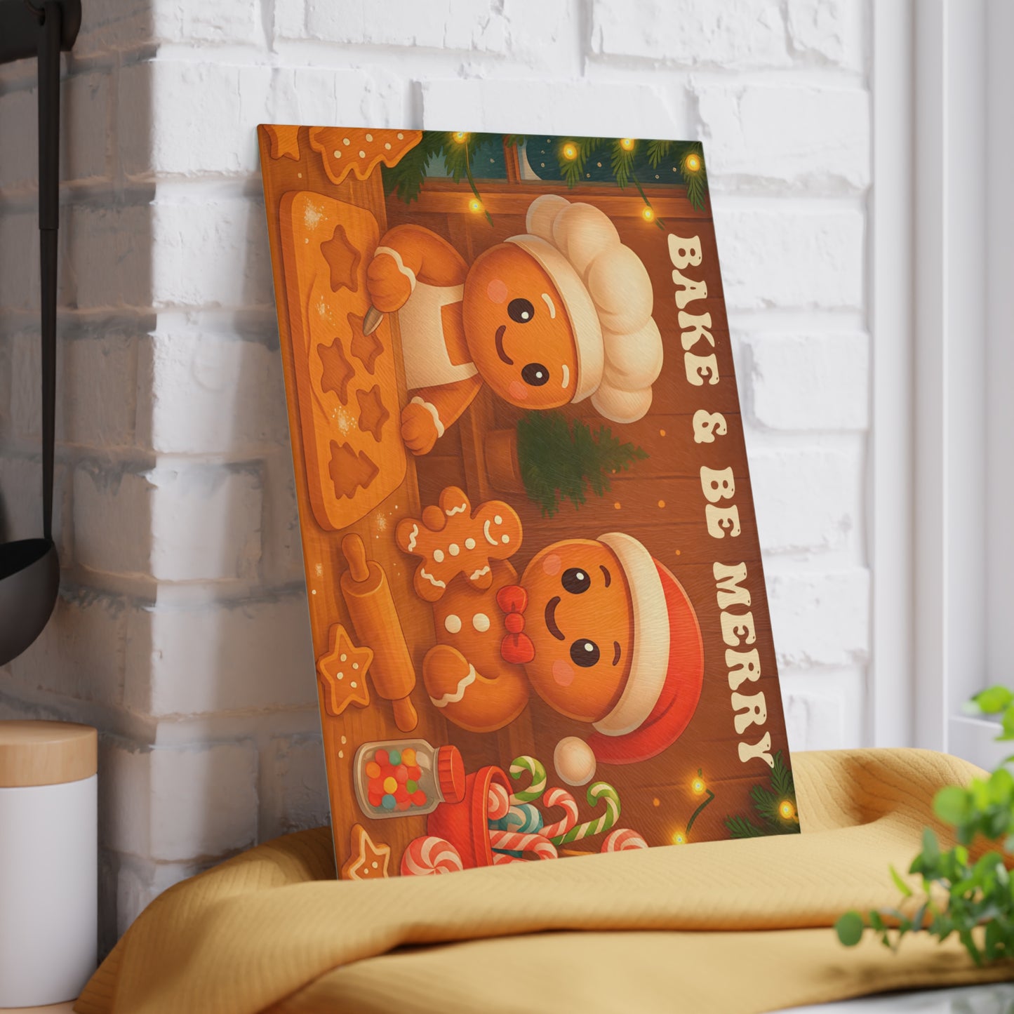 Festive Gingerbread Glass Cutting Board - "Bake & Be Merry"
