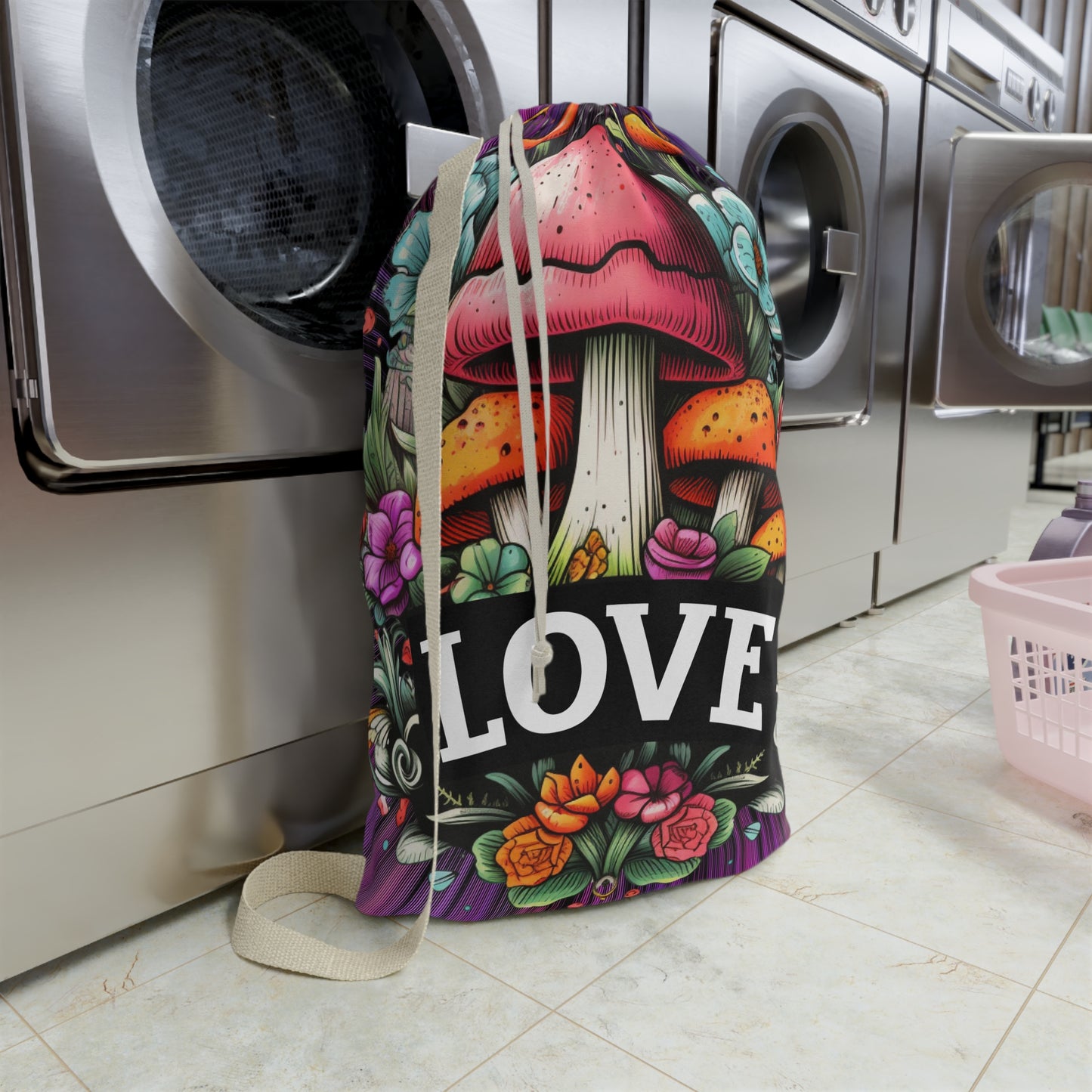 Mushroom 'LOVE' Laundry Bag - Floral Boho Wash Tote