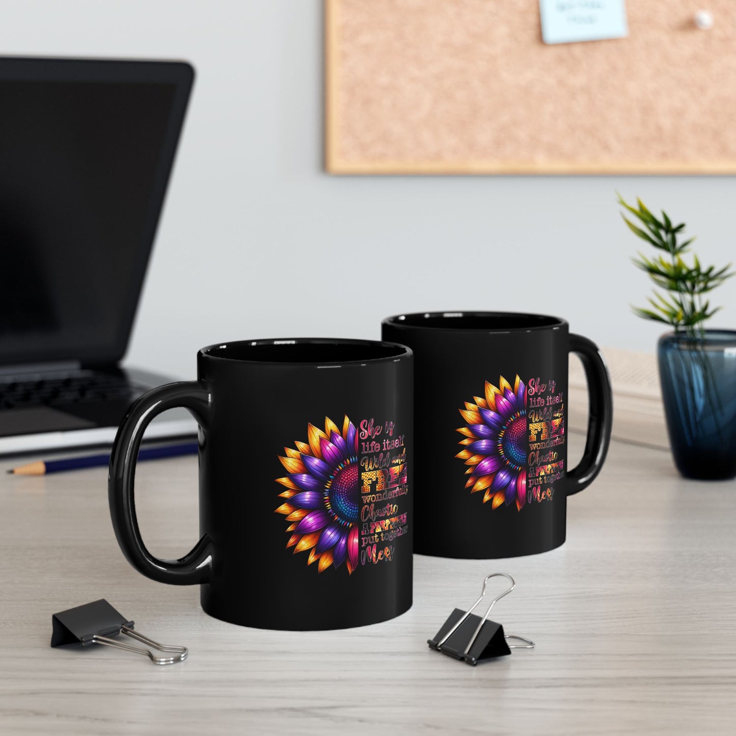 Inspirational Black Mug with Colorful Flower Design - Perfect Gift for Women