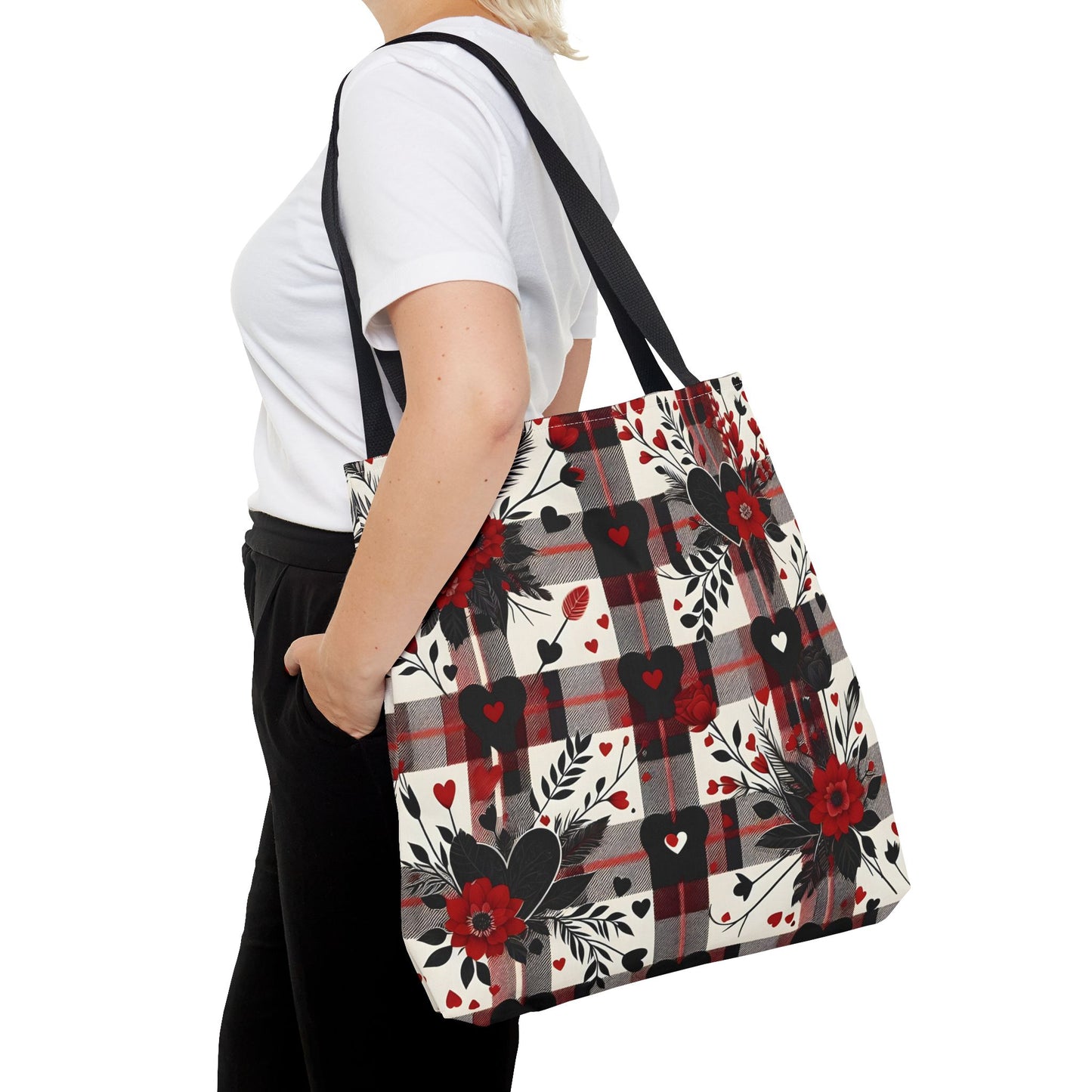 Fashionable Valentine Tote Bag (AOP) with Flowers and Hearts Plaid Design Pattern