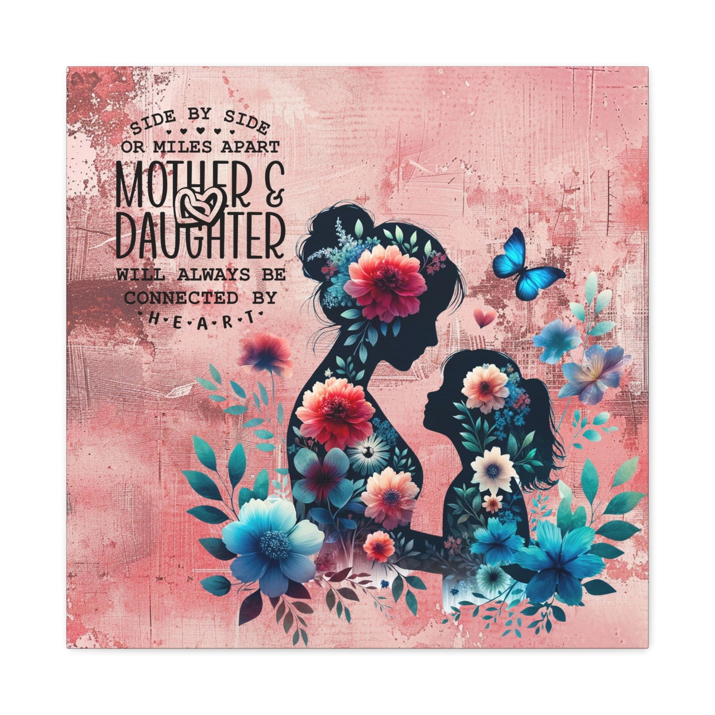 Mother-Daughter Love With Floral And Butterfly Canvas Wall Art Print