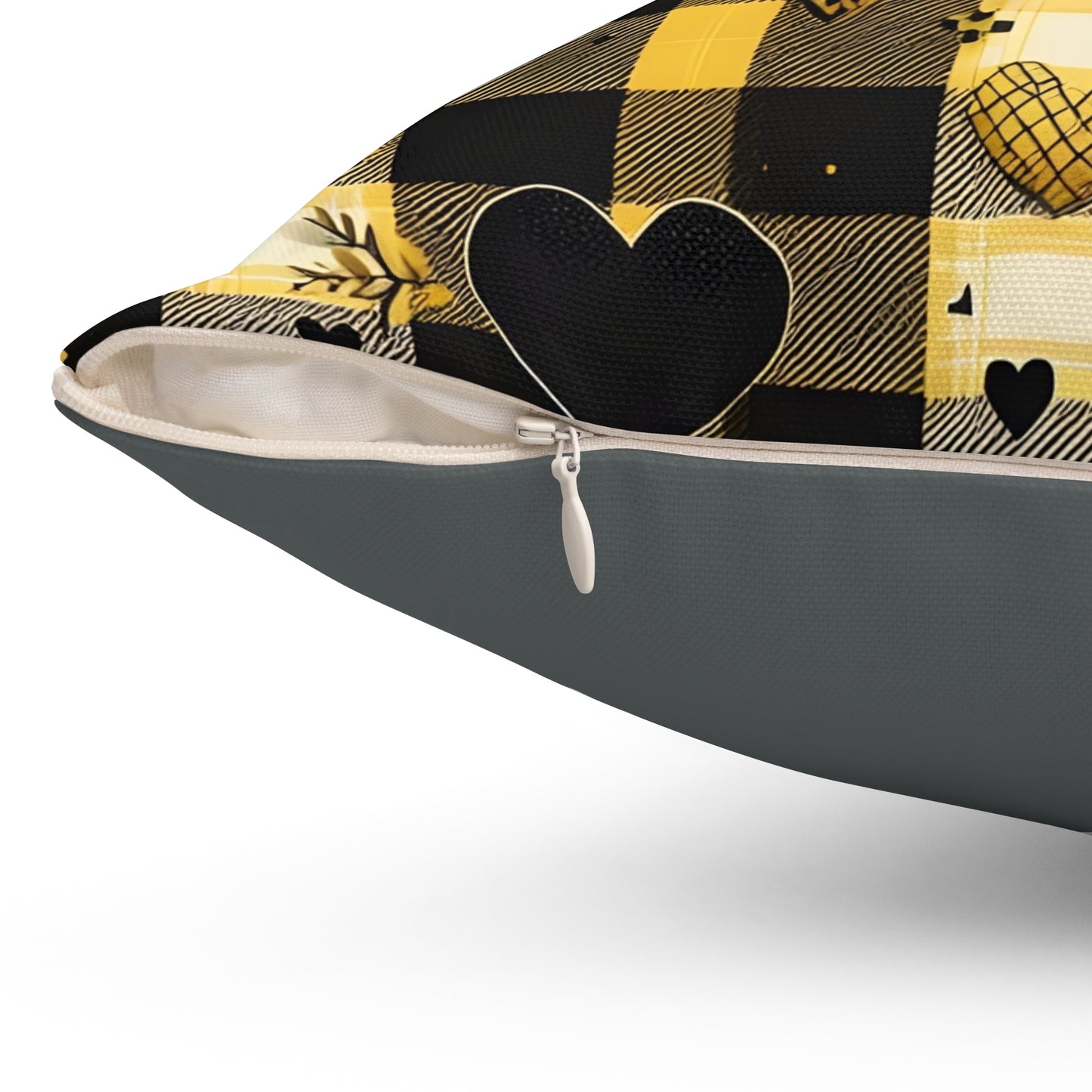 Decorative Spun Polyester Square Pillow with Floral and Hearts Plaid Pattern