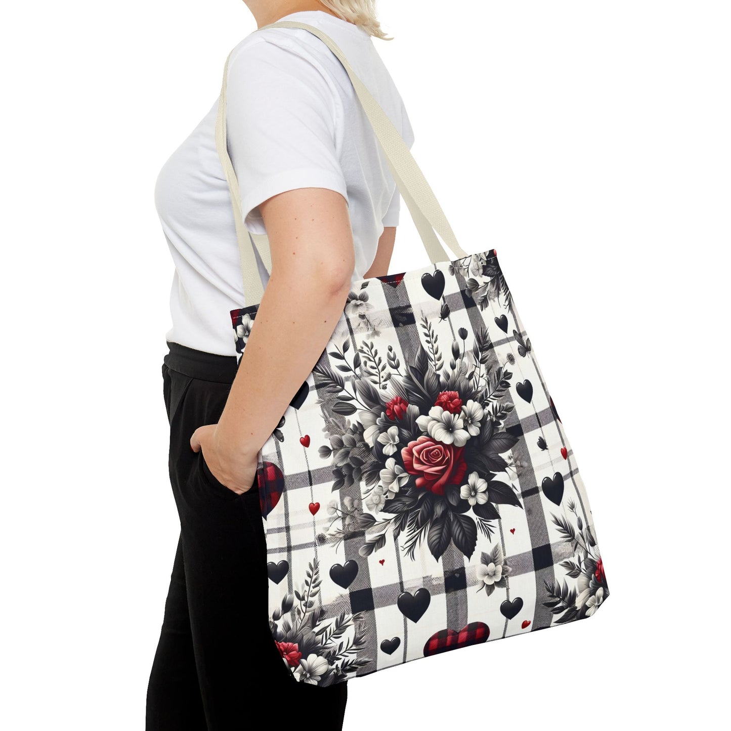 Stylish Valentine Plaid Flower Heart Tote Bag