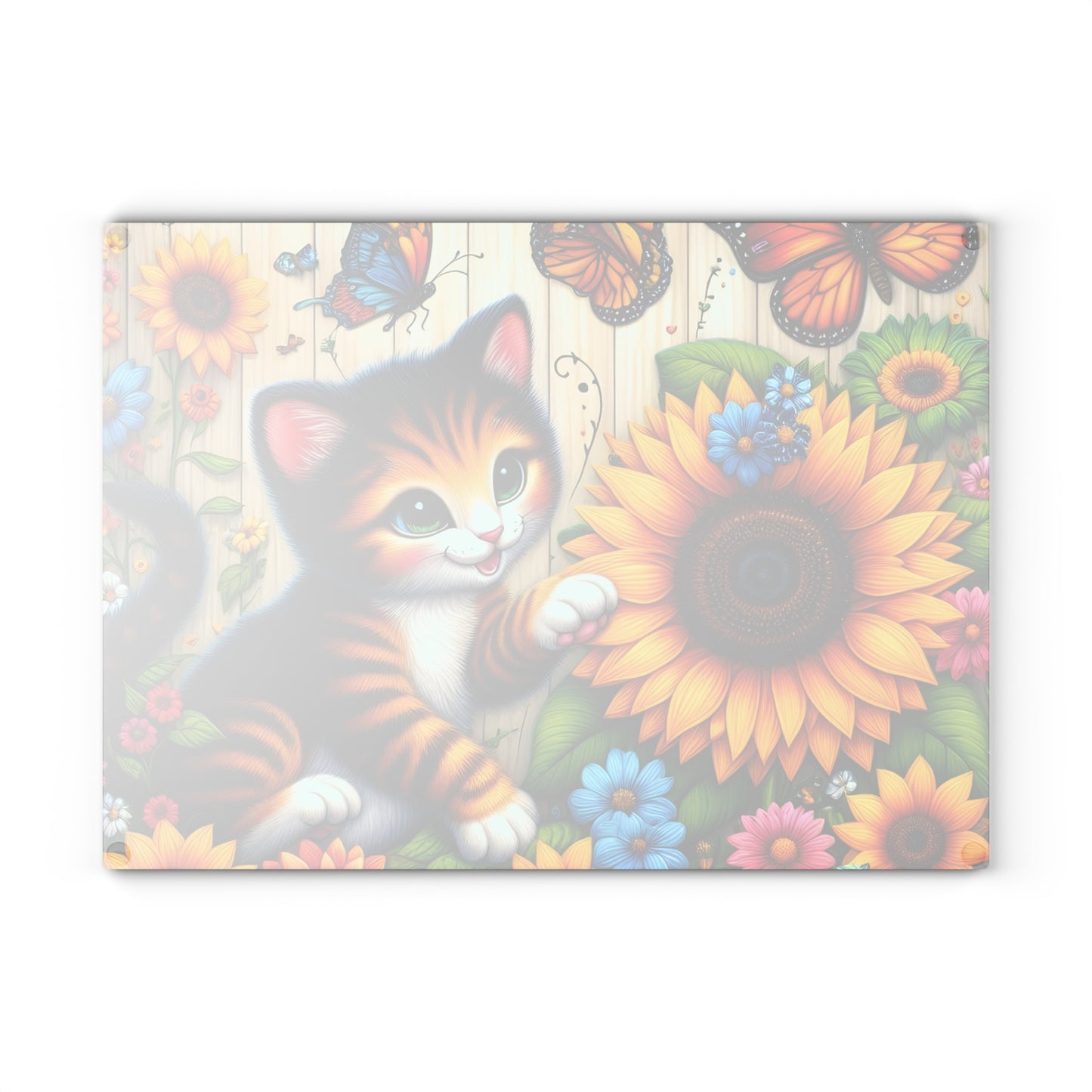 Colorful Cat & Sunflower Glass Cutting Board