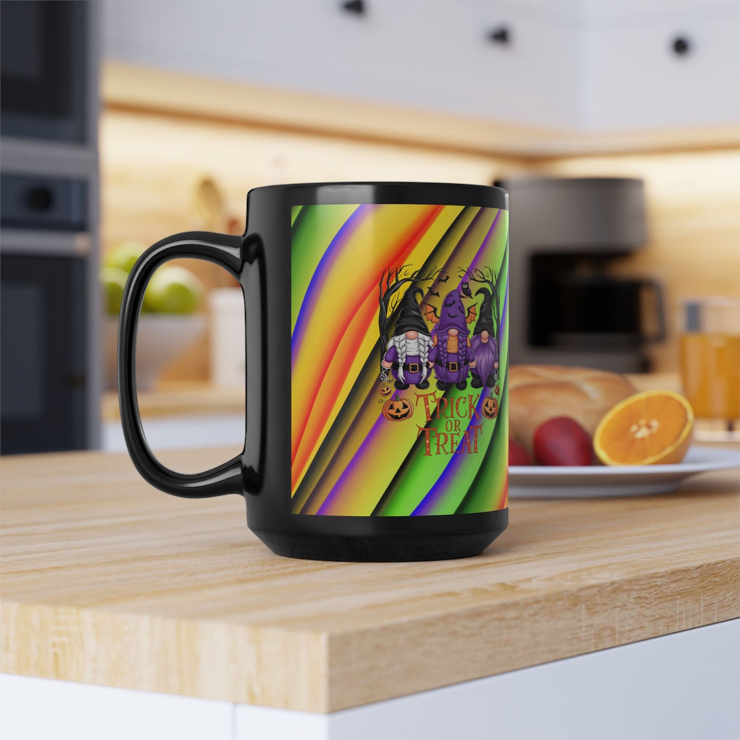 Halloween Theme Black Mug (11oz, 15oz), Cute Halloween Expression with Gnomes, Halloween Lovers, Gnome Lovers, Coffee, Tea, Hot Chocolate Lovers Gift Idea