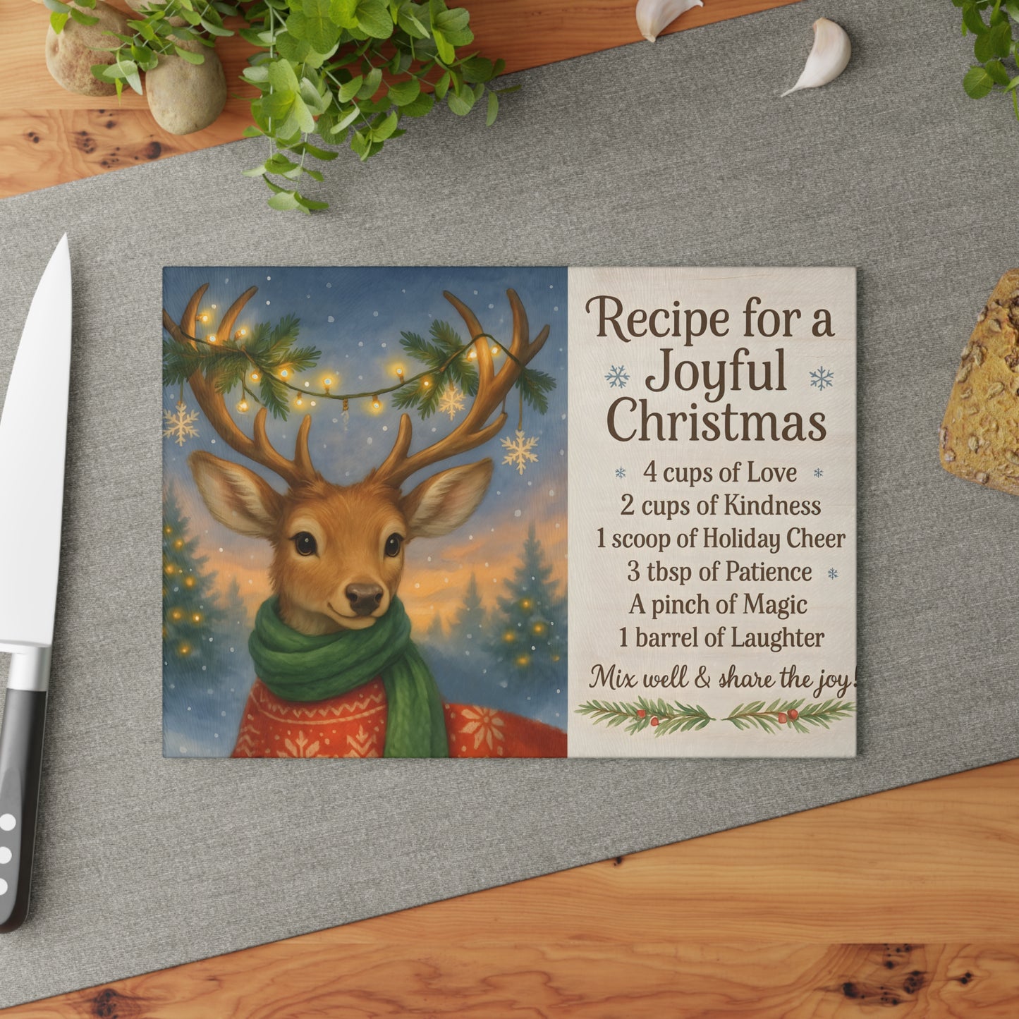 Joyful Christmas Recipe Glass Cutting Board
