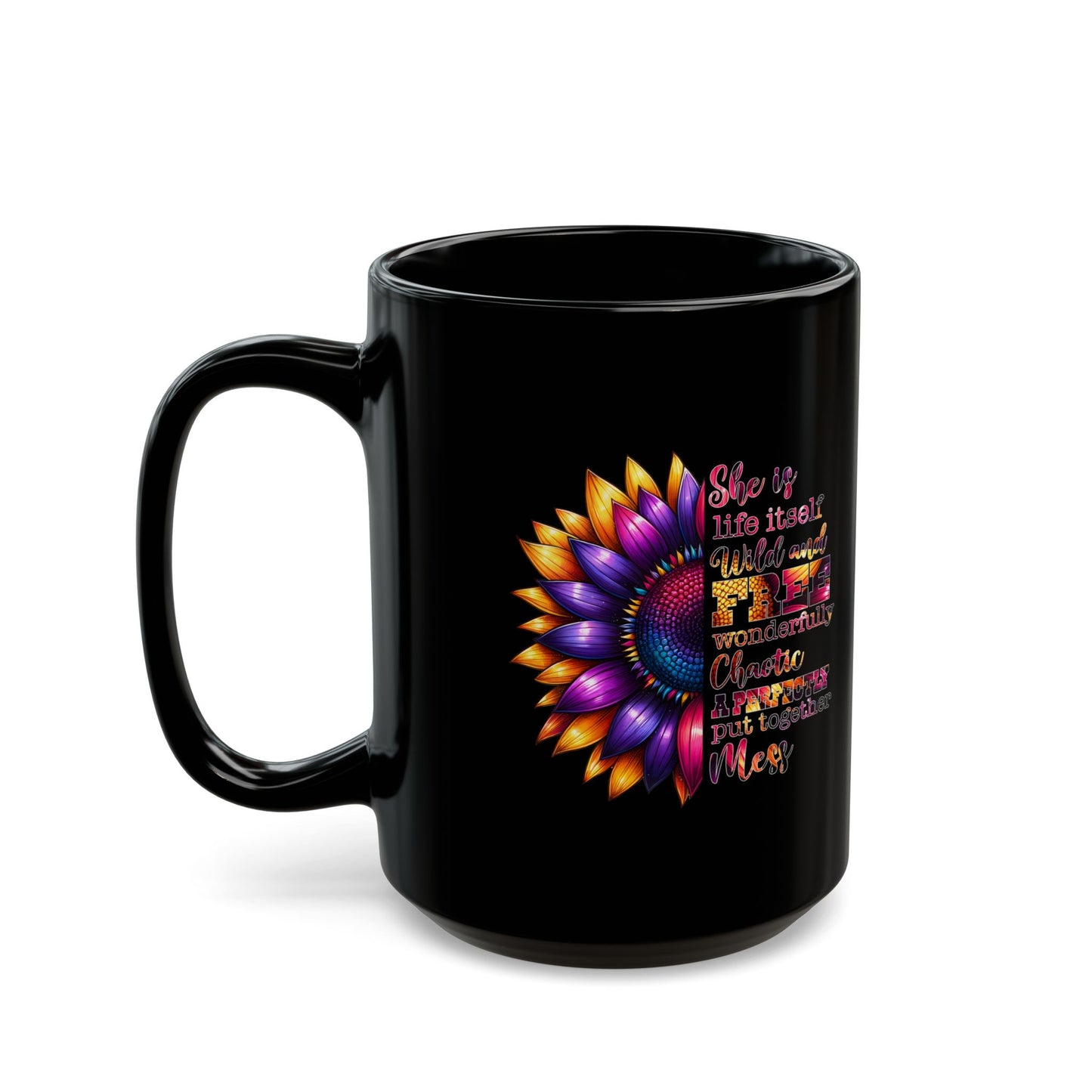 Inspirational Black Mug with Colorful Flower Design - Perfect Gift for Women