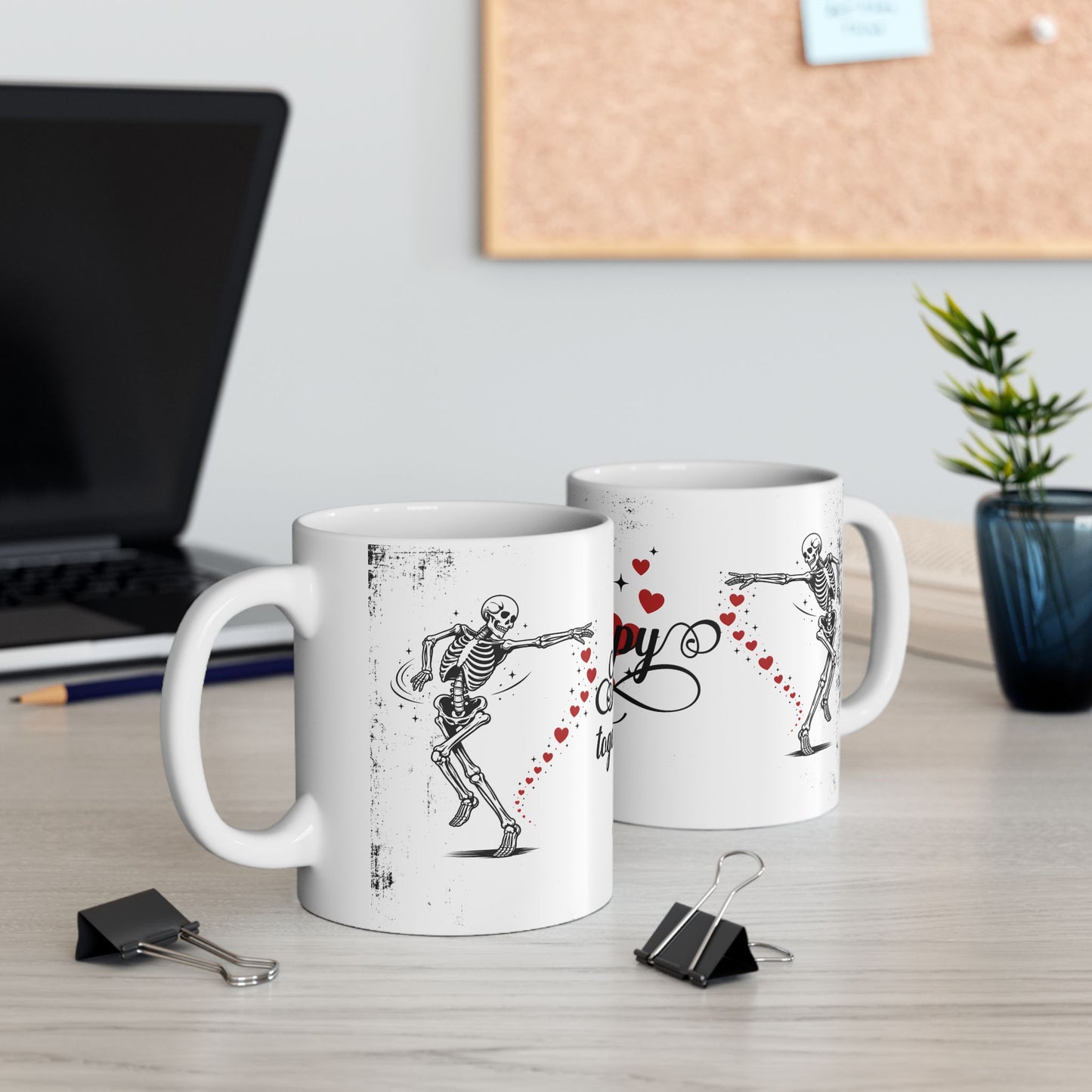 Mug — “So Happy Together” Romantic Skeleton Ceramic Coffee Mug with Hearts (11oz & 15oz)