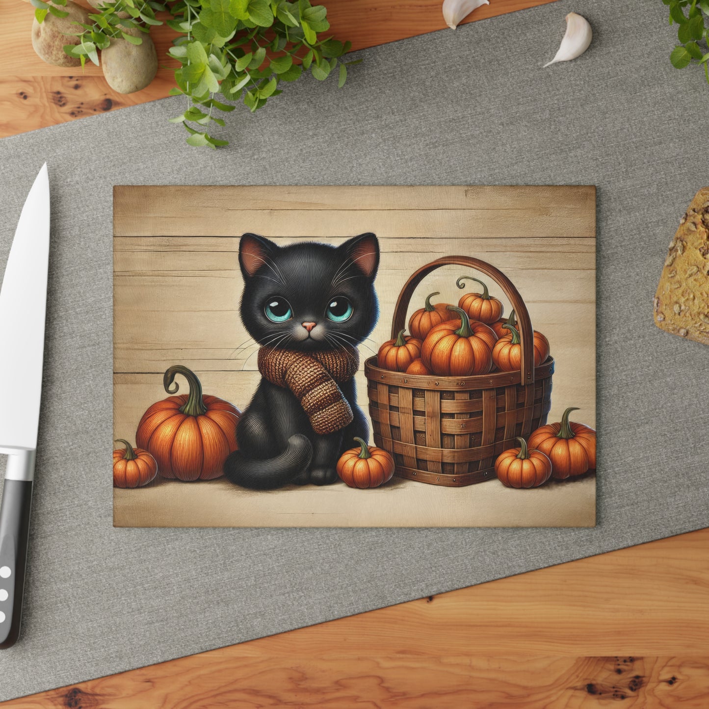 Cute Black Cat Pumpkin Glass Cutting Board - Perfect for Fall Cooking & Home Decor