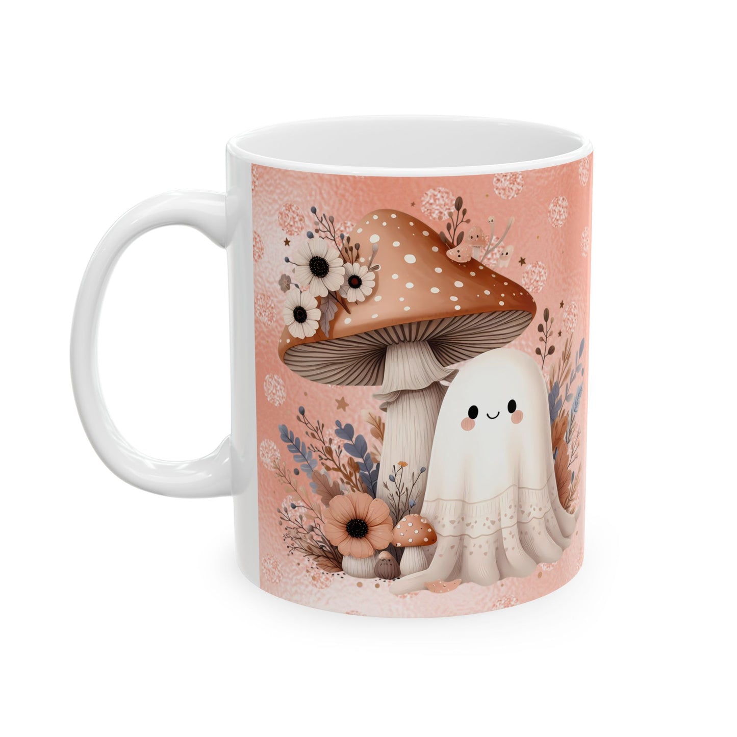 Whimsical Floral Mushroom Cute Ghost Mug, Cute Cafe Mug, Halloween Gift, Cozy Beverage Container, Fall Decor, Coffee Lover Gift