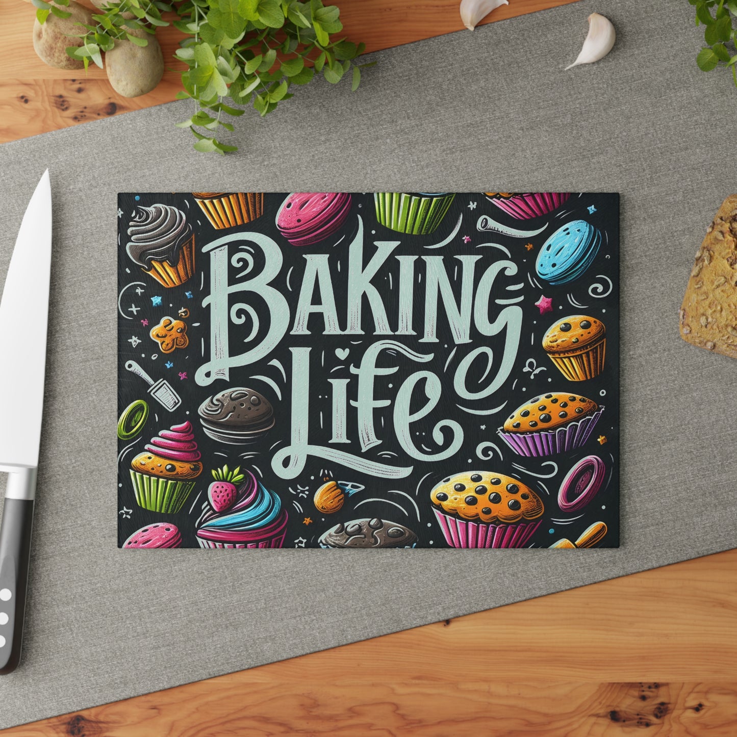 Baking Life Glass Cutting Board - Colorful Culinary Art for Baking Enthusiasts