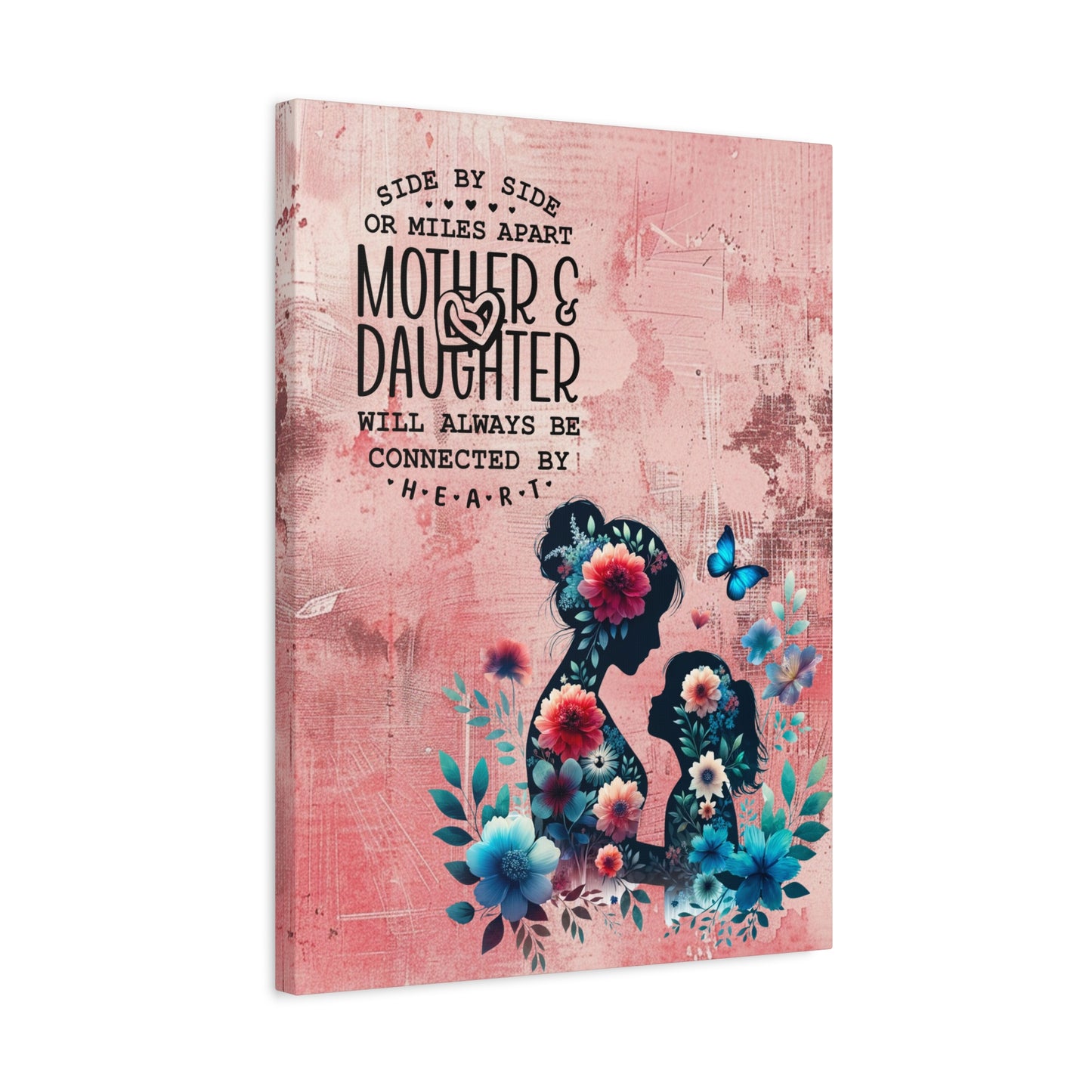 Mother-Daughter Love With Floral And Butterfly Canvas Wall Art Print