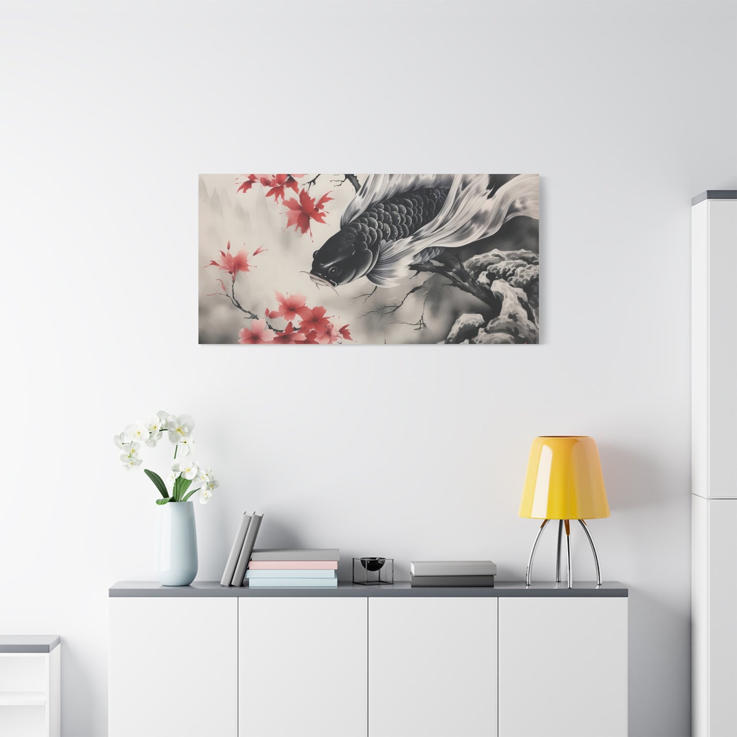 Koi Fish Artwork Canvas Wall Art Print - Elegant Decorative Wall Art with Cherry Blossoms