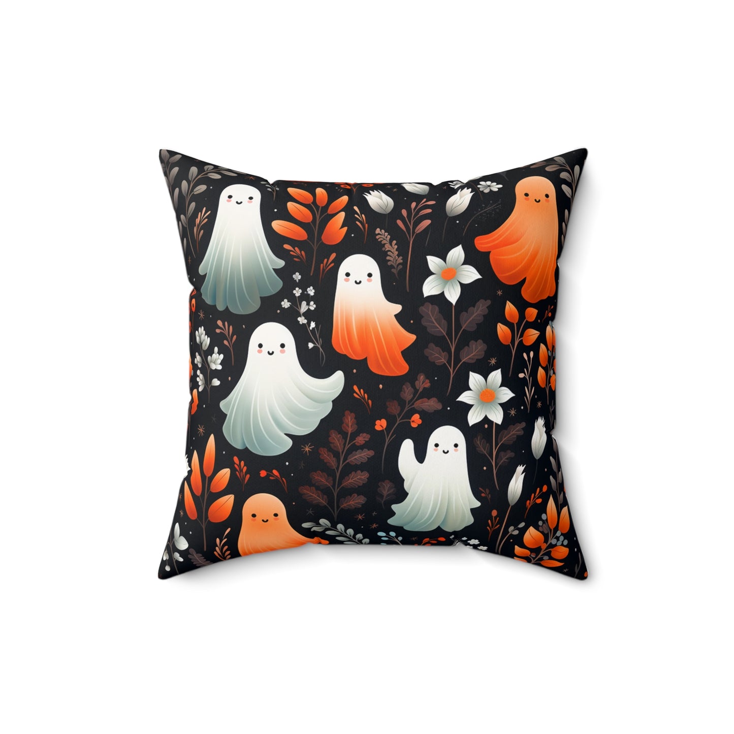 Friendly Ghosts And Floral Spun Polyester Square Pillow, Accent for Any Room, Beautiful Fun Festive Halloween Decor, Great Housewarming Gift Idea