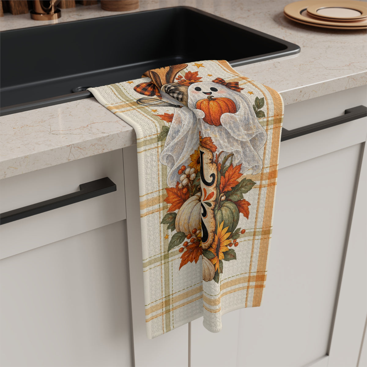 My Kitchen Has Spirits Halloween Ghosts Microfiber Tea Towel