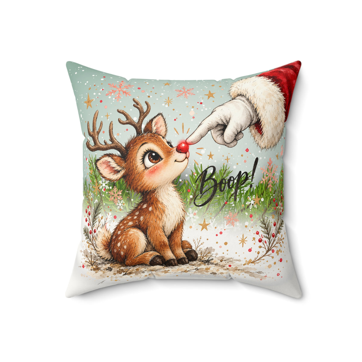 Cute Reindeer 'Boop' Christmas Throw Pillow - Faux Suede Holiday Decor Throw Pillow