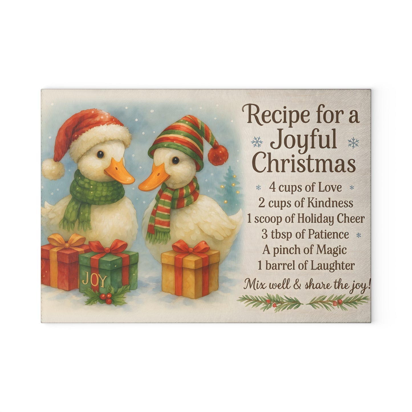 Festive Holiday Glass Cutting Board - Joyful Christmas Recipe