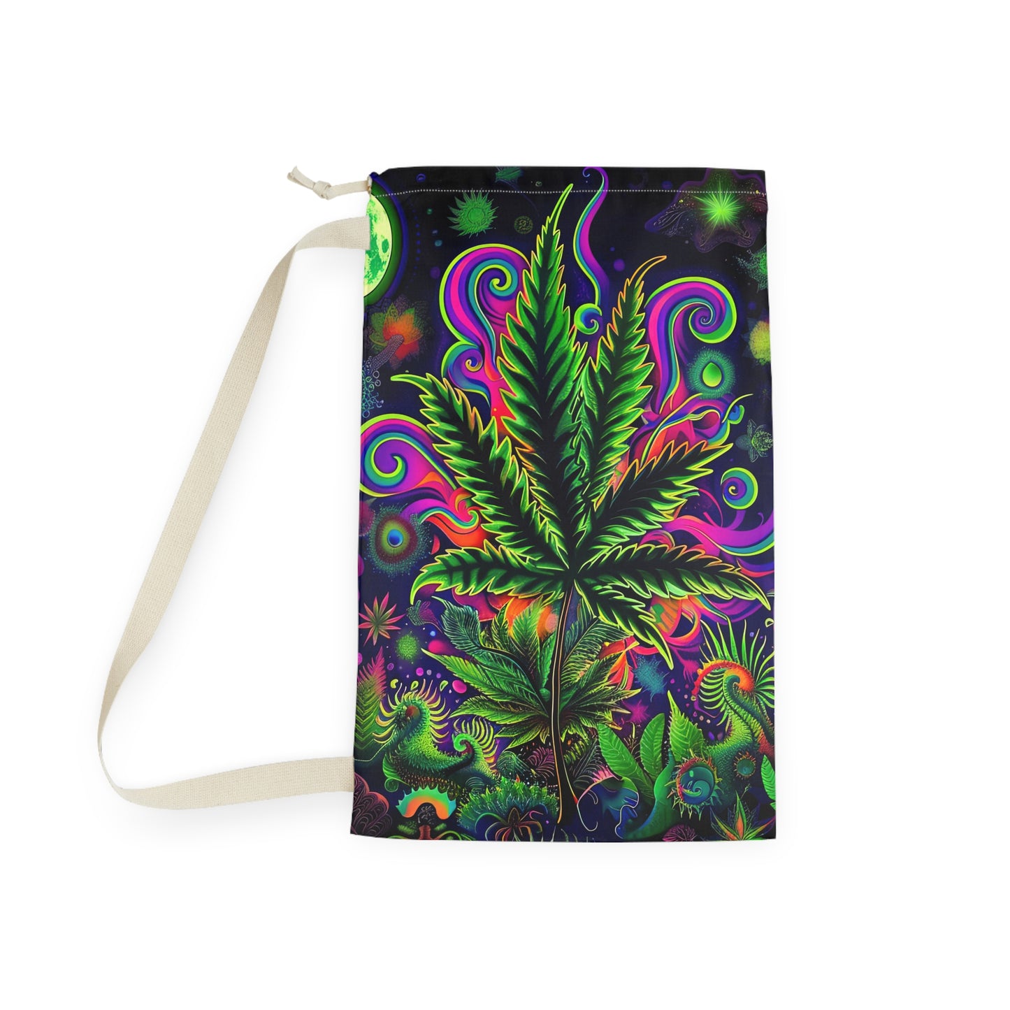 Kaleidoscopic Botanical Leaf Laundry Bag – Neon Trippy Drawstring Hamper