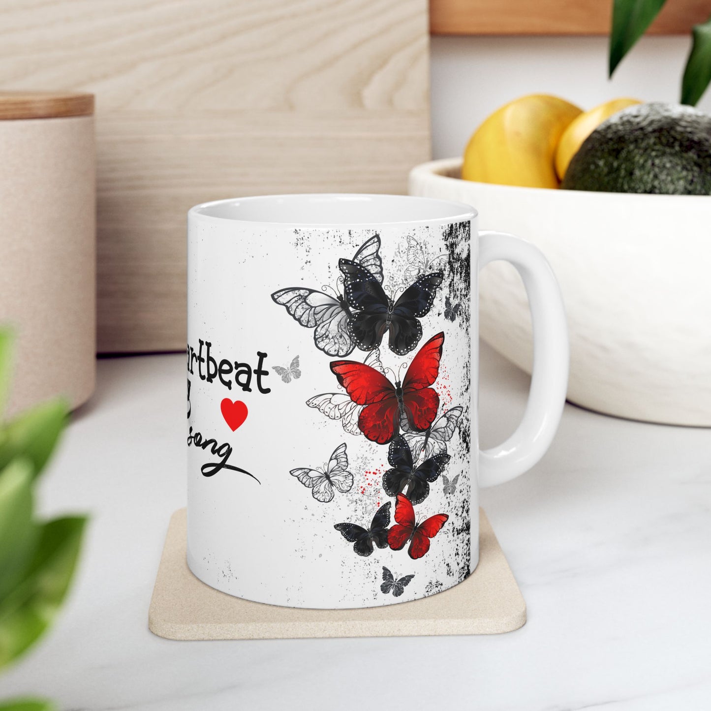 Romantic Heartbeat With Butterflies Ceramic Mug – “Your Heartbeat Is My Favorite Song” Gift