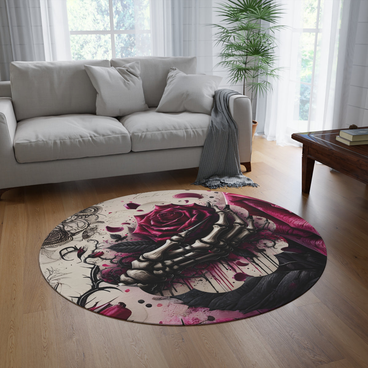 Gothic Rose Skeleton Hand Round Floor Rug — Dark Floral Round Floor Rug Decor