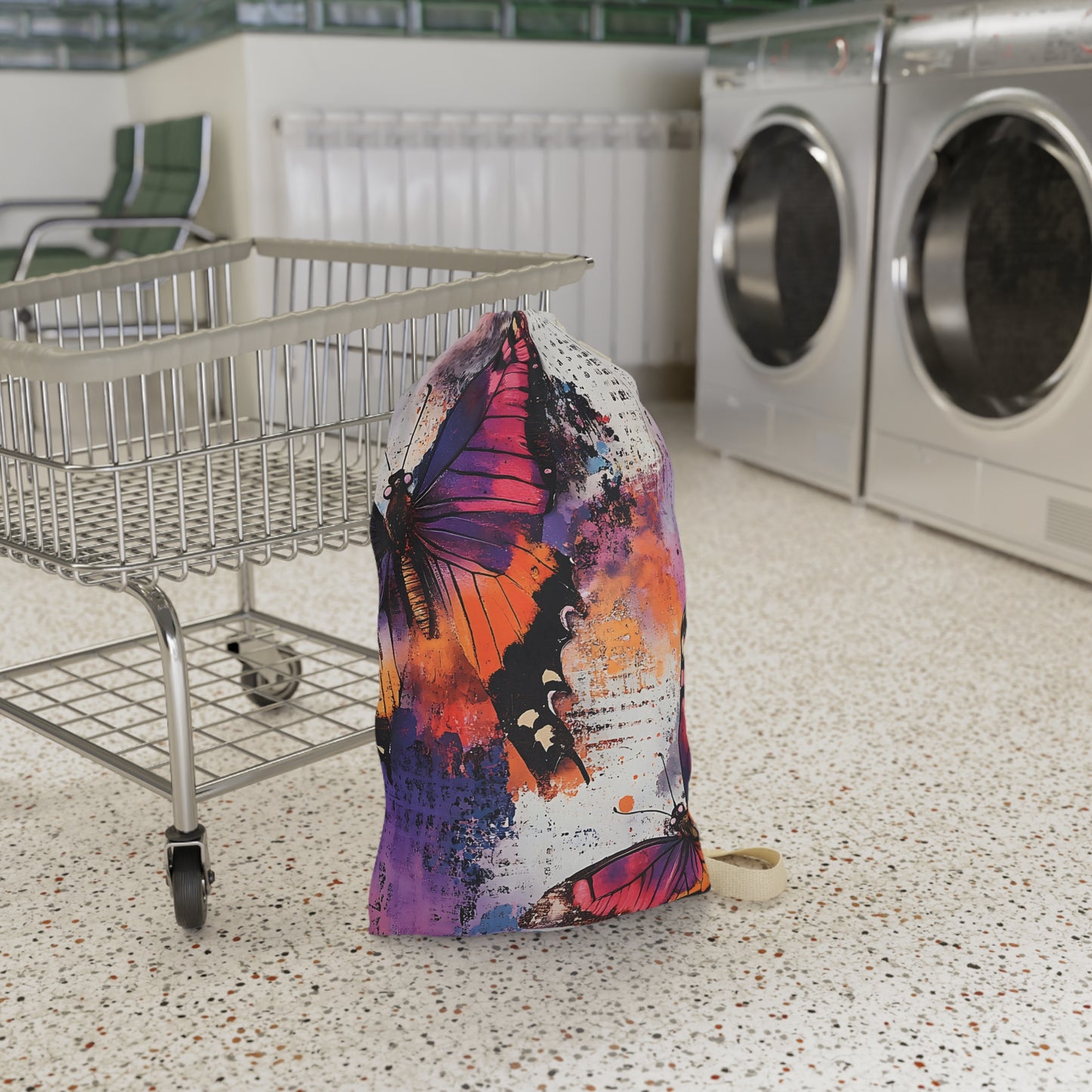 Butterfly Art Laundry Bag — Colorful Watercolor Wings Drawstring Laundry Tote
