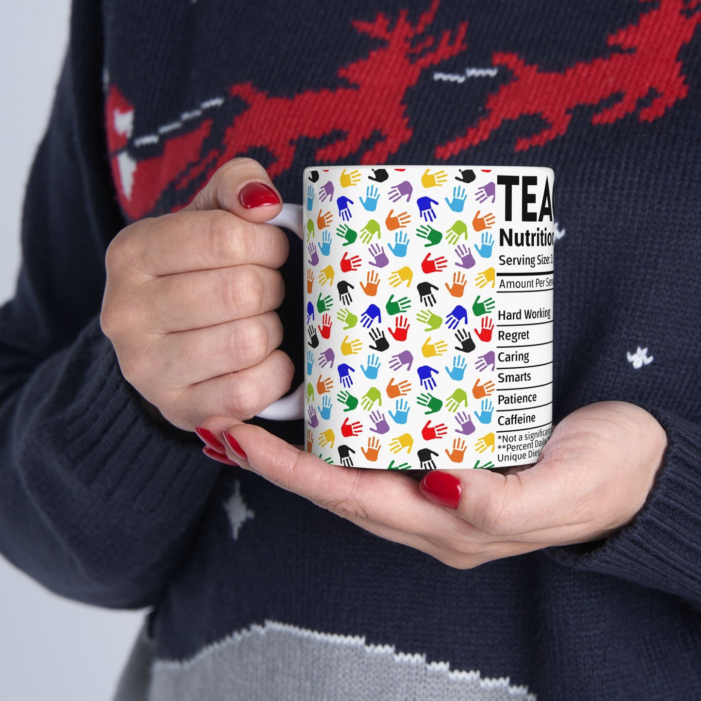 Education Theme Ceramic Mug, (11oz, 15oz), Cute Teacher Nutrition Fact Expression with Hand Prints, Gift Idea for Educators, Coffee, Tea, Hot Chocolate Lovers