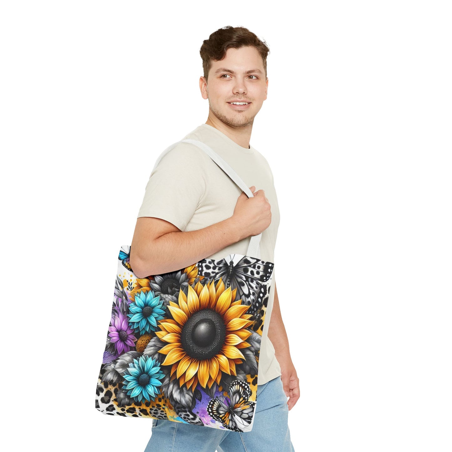 Sunflower & Butterfly Tote Bag — Colorful Floral All-Over Print