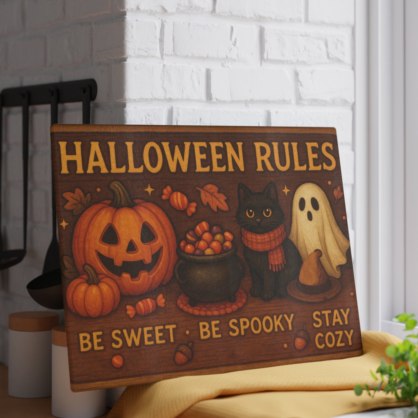 Halloween Rules Glass Cutting Board - Be Sweet, Be Spooky, Stay Cozy