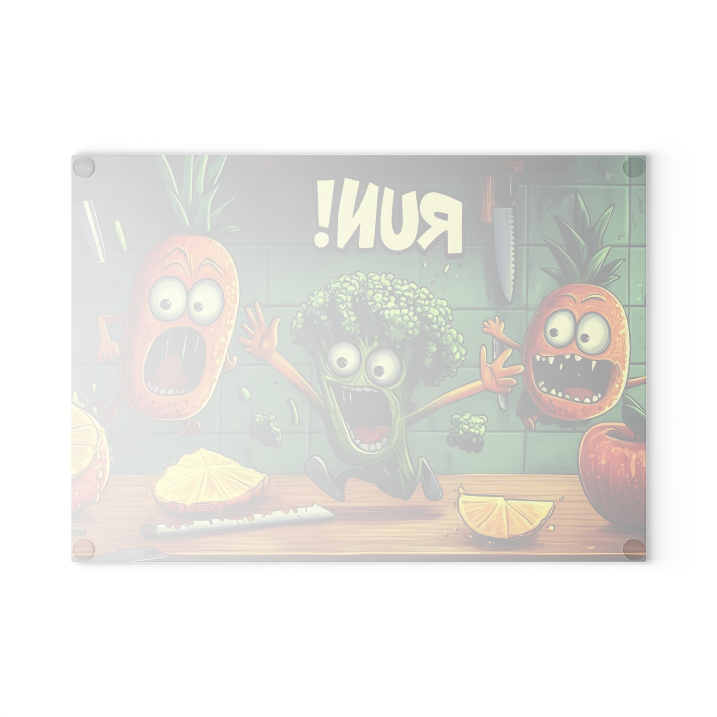 Fun Cartoon Glass Cutting Board - 'Run!' Veggie Design