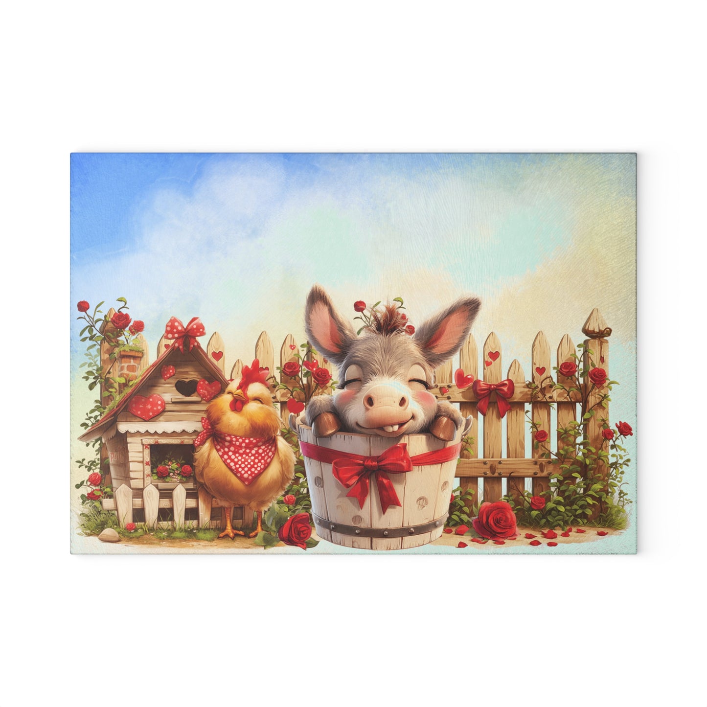 Glass Cutting Board - Cute Farm Donkey & Chicken Kitchen Decor, Heart Garland Rustic Countryside