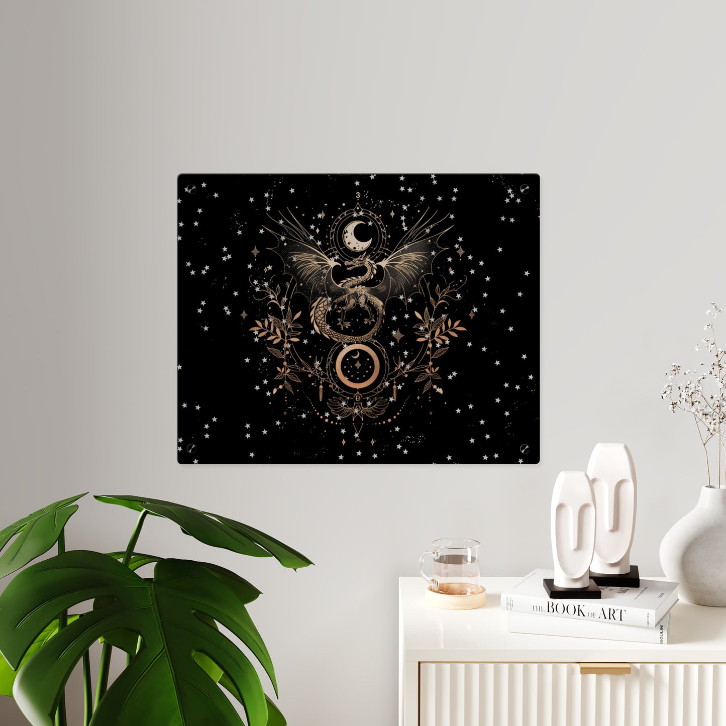 Celestial Acrylic Wall Art Panel - Mystical Dragon with Moon and Stars Decor