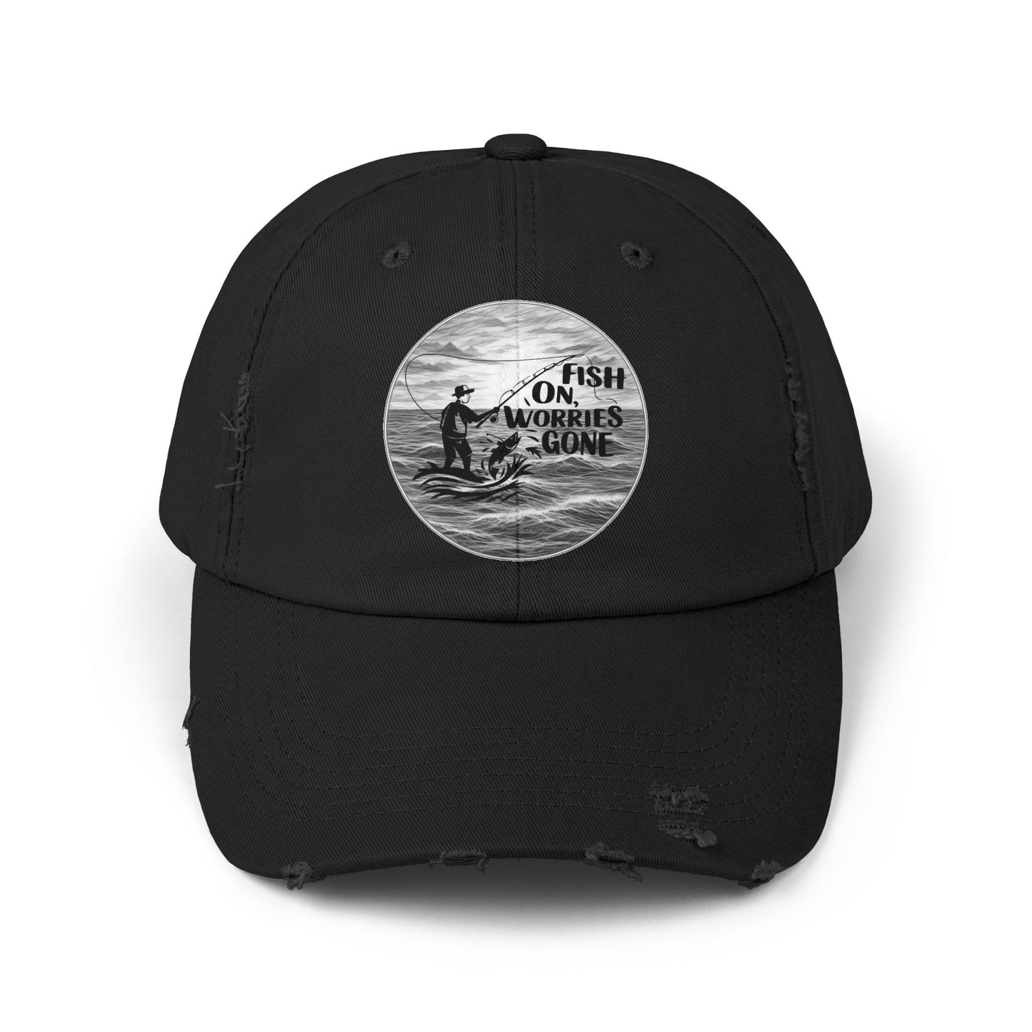 Fishing Themed "Fish On Worries Gone" Distressed Cap - Perfect Gift for Anglers, Outdoor Enthusiasts, Summer Vibes, Relaxation Hats, Fun Fishing Accessories