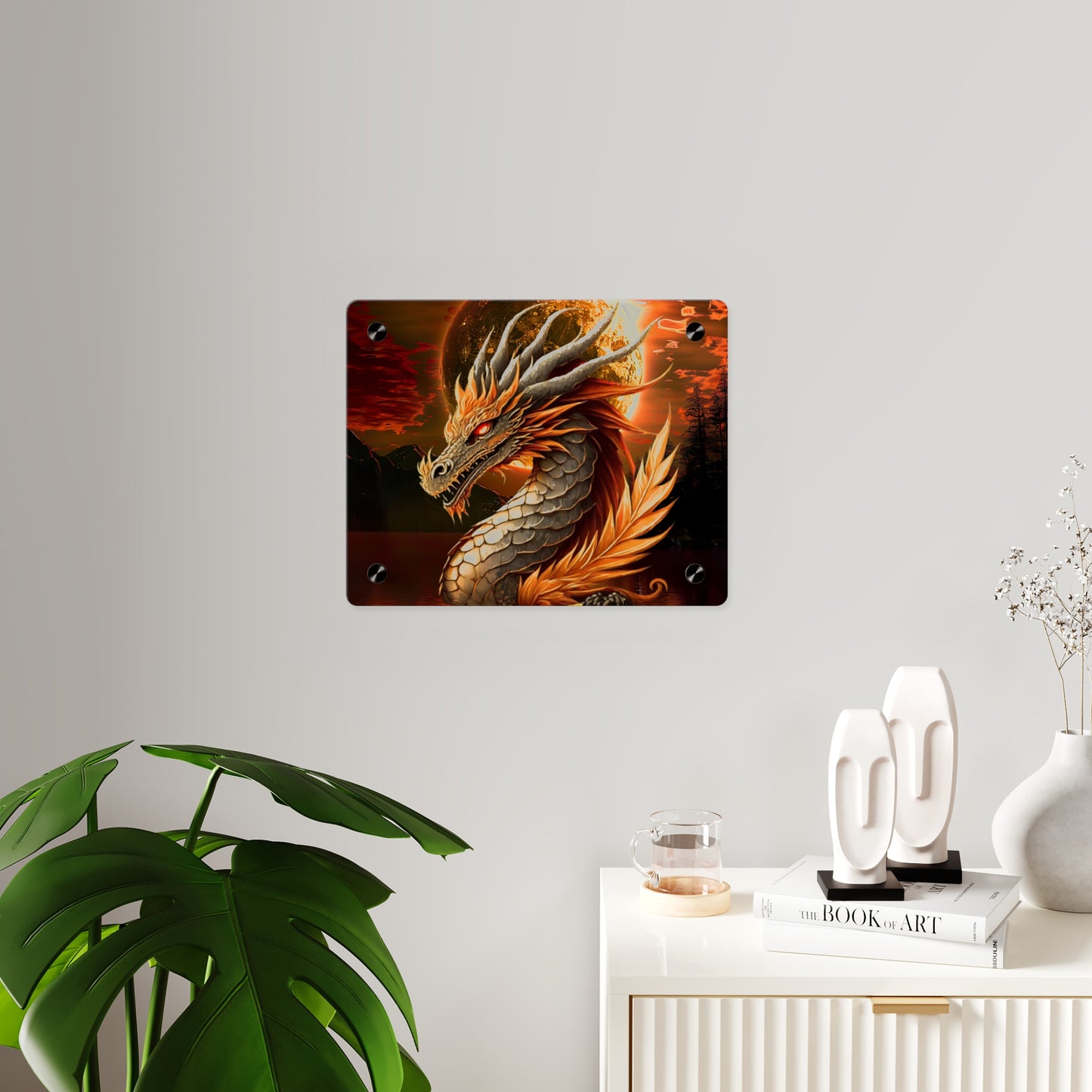 Gothic Theme Acrylic Wall Art Panels, Beautiful Dragon with Moon Background Decor, Accent for Any Room, Dragon Lovers, for Anyone