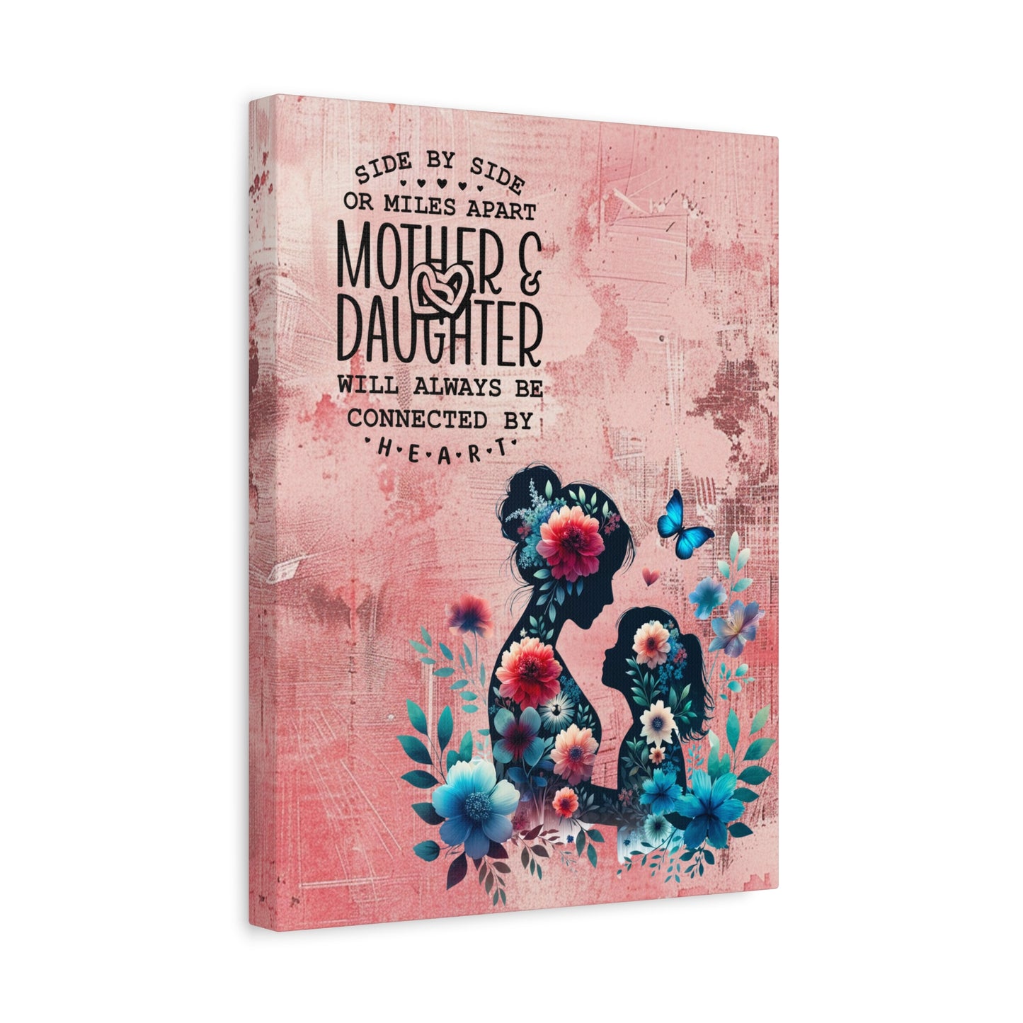 Mother-Daughter Love With Floral And Butterfly Canvas Wall Art Print