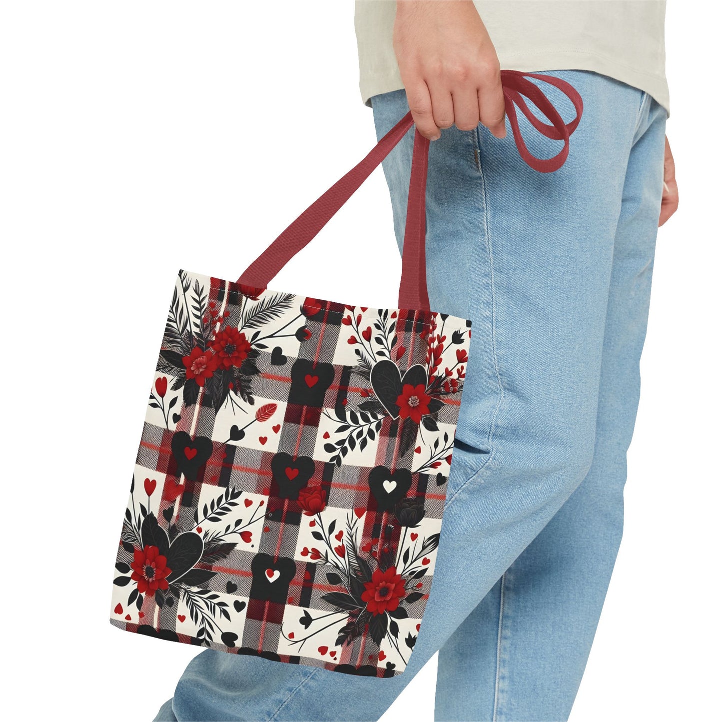 Fashionable Valentine Tote Bag (AOP) with Flowers and Hearts Plaid Design Pattern